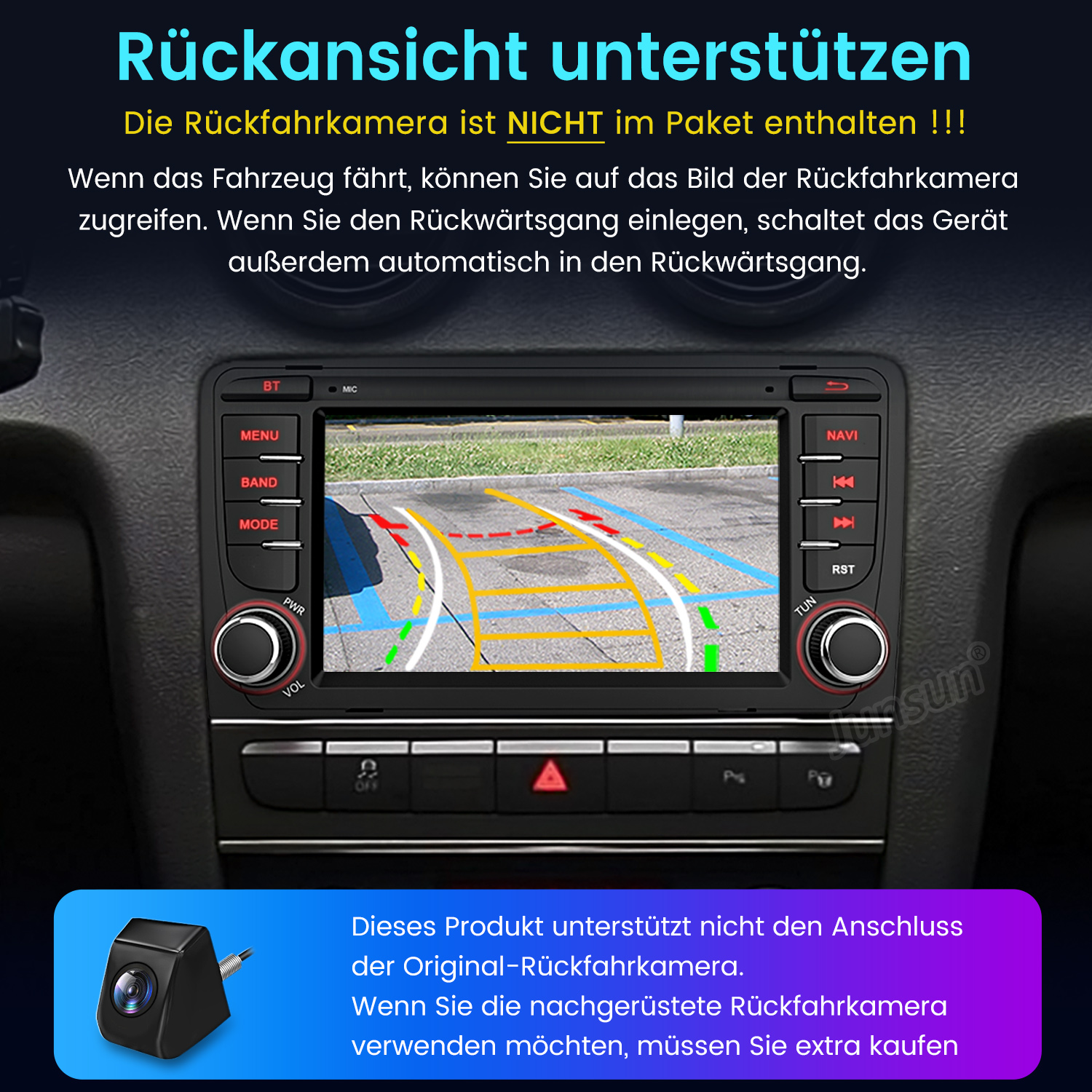 Auto-Armaturenbrett mit Bildschirm, der eine Rückfahrkameraansicht anzeigt. Enthält Tasten und Knöpfe für verschiedene Funktionen. Unten ist eine Kamera abgebildet.