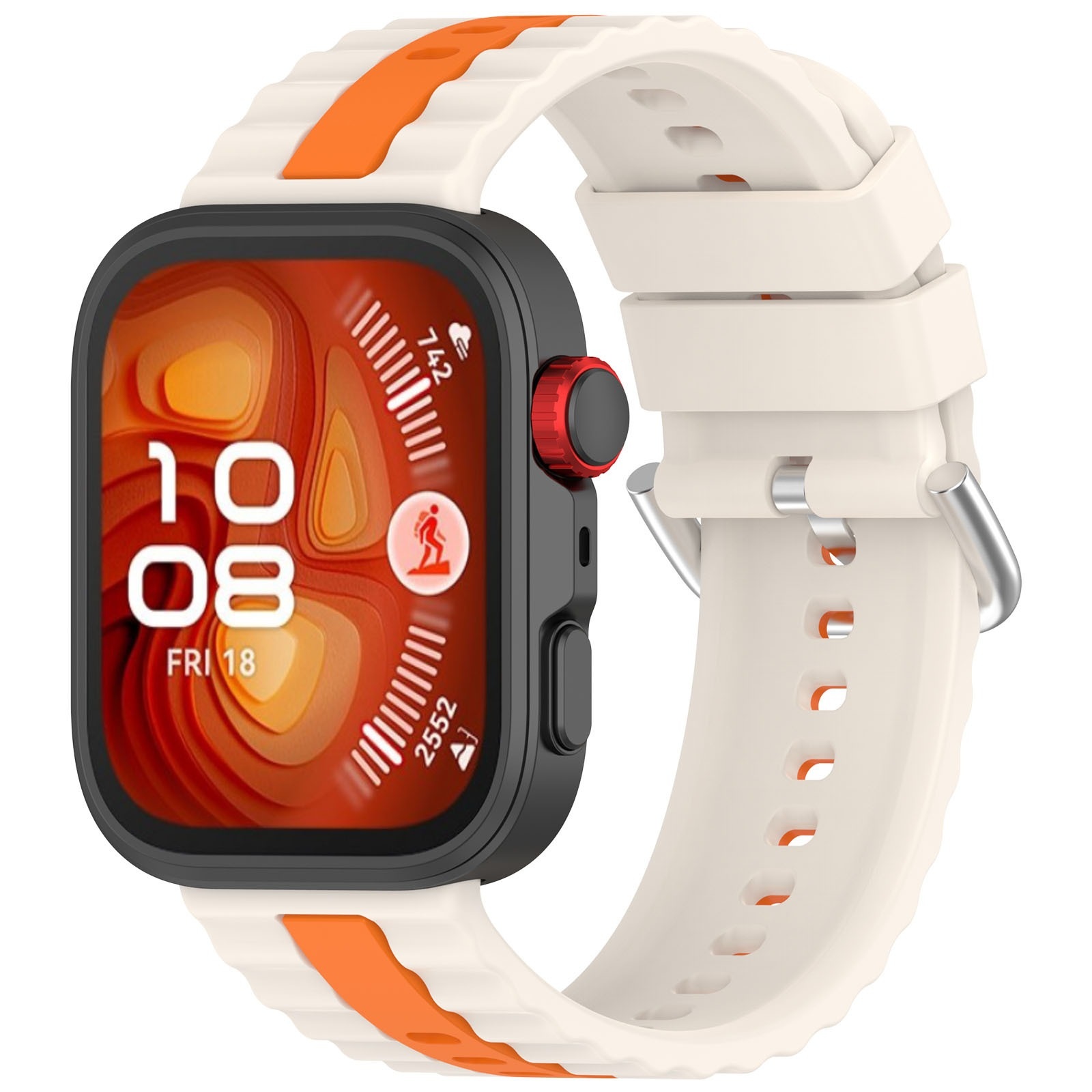 Smartwatch mit weißem und orangefarbenem Armband. Der Bildschirm zeigt Zeit- und Aktivitätsdaten. Der Knopf ist rot.