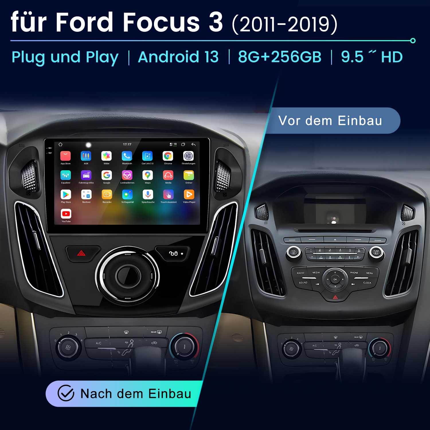 Vergleich des Ford Focus 3-Armaturenbretts. Links Android 13, rechts Original-Autoradio.