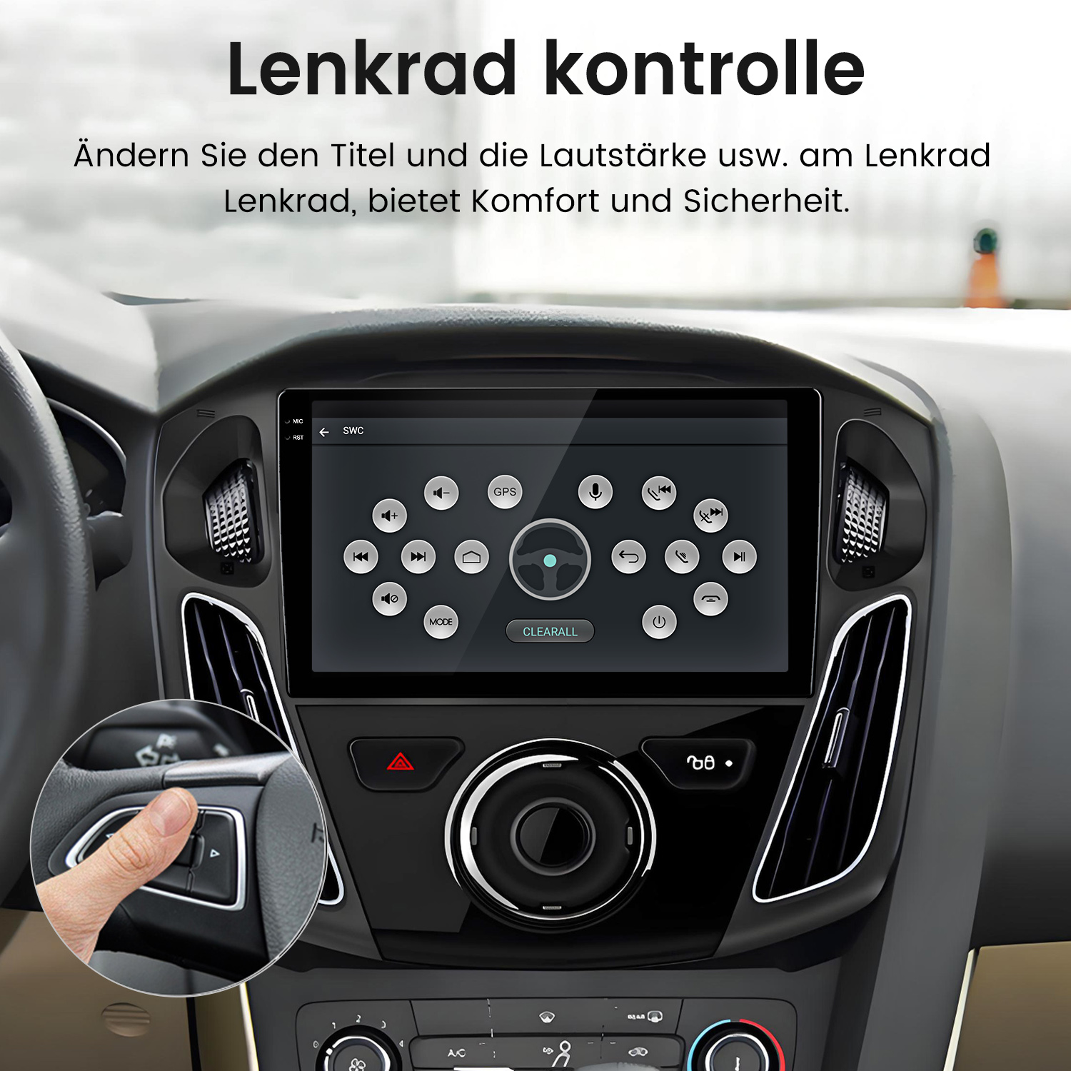 Autointerieur mit Bildschirm, der Bedienelemente anzeigt. Eine Hand drückt eine Taste am Lenkrad. Text oben: 'Lenkrad kontrolle'.