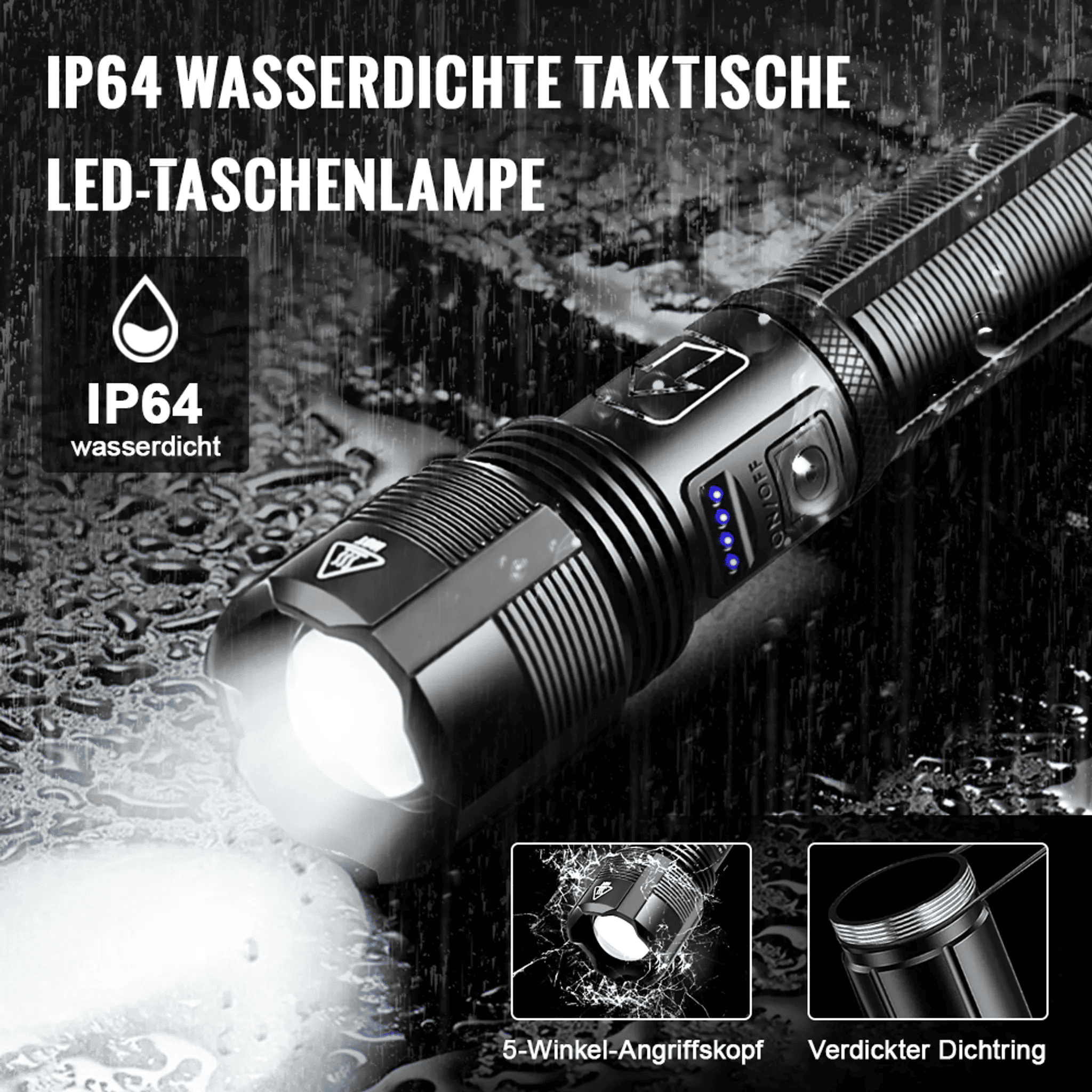 Schwarze taktische LED-Taschenlampe mit Text und IP64-Wasserdichtigkeit. Merkmale sind ein fokussierbarer Kopf und ein dicker Dichtring.