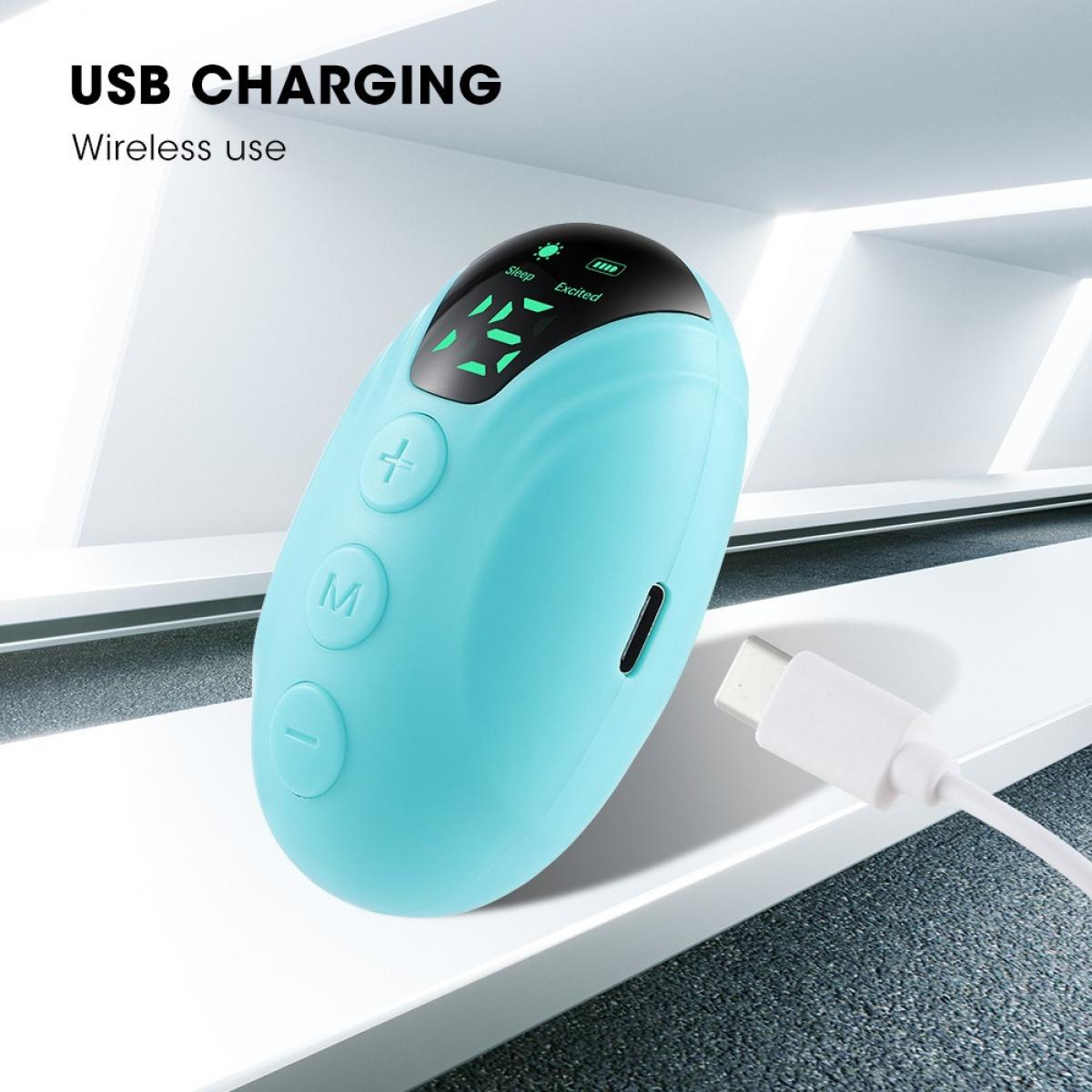 Ein türkisfarbenes Gerät mit Tasten und einem Display, verbunden mit einem weißen USB-C-Kabel. Oben steht 'USB-Aufladung'.