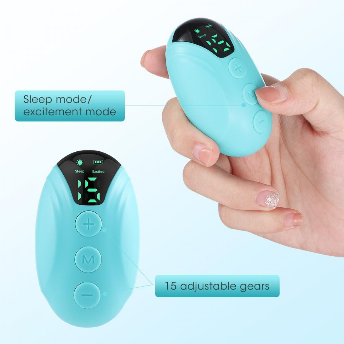 Eine Hand hält ein blaues Gerät mit einem Bildschirm. Das Gerät hat Tasten für Schlaf-/Erregungsmodi und einstellbare Gänge.