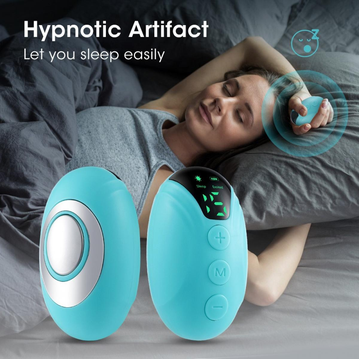 Eine Frau schläft im Bett. Zwei türkisfarbene Schlafgeräte sind im Fokus. Eines ist in ihrer Hand. Text sagt 'Hypnotic Artifact' und 'Schlafen Sie einfach'.