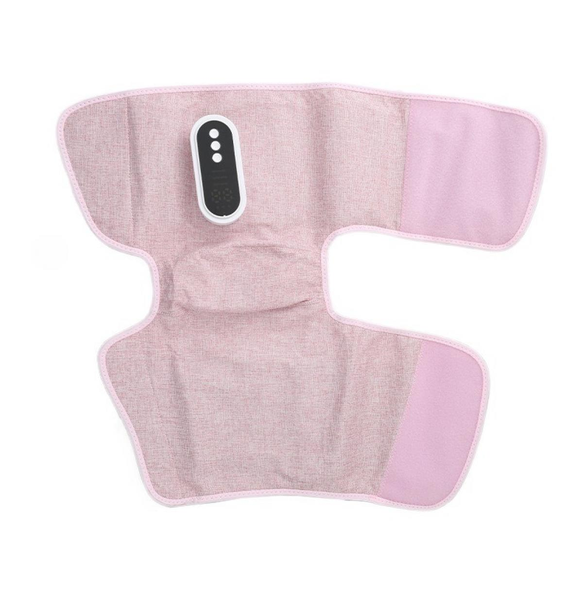 Eine rosa Kniebandage mit weißem Bedienfeld. Die Bandage hat eine strukturierte Oberfläche mit rosa Akzenten. Das Bedienfeld hat drei Punkte.