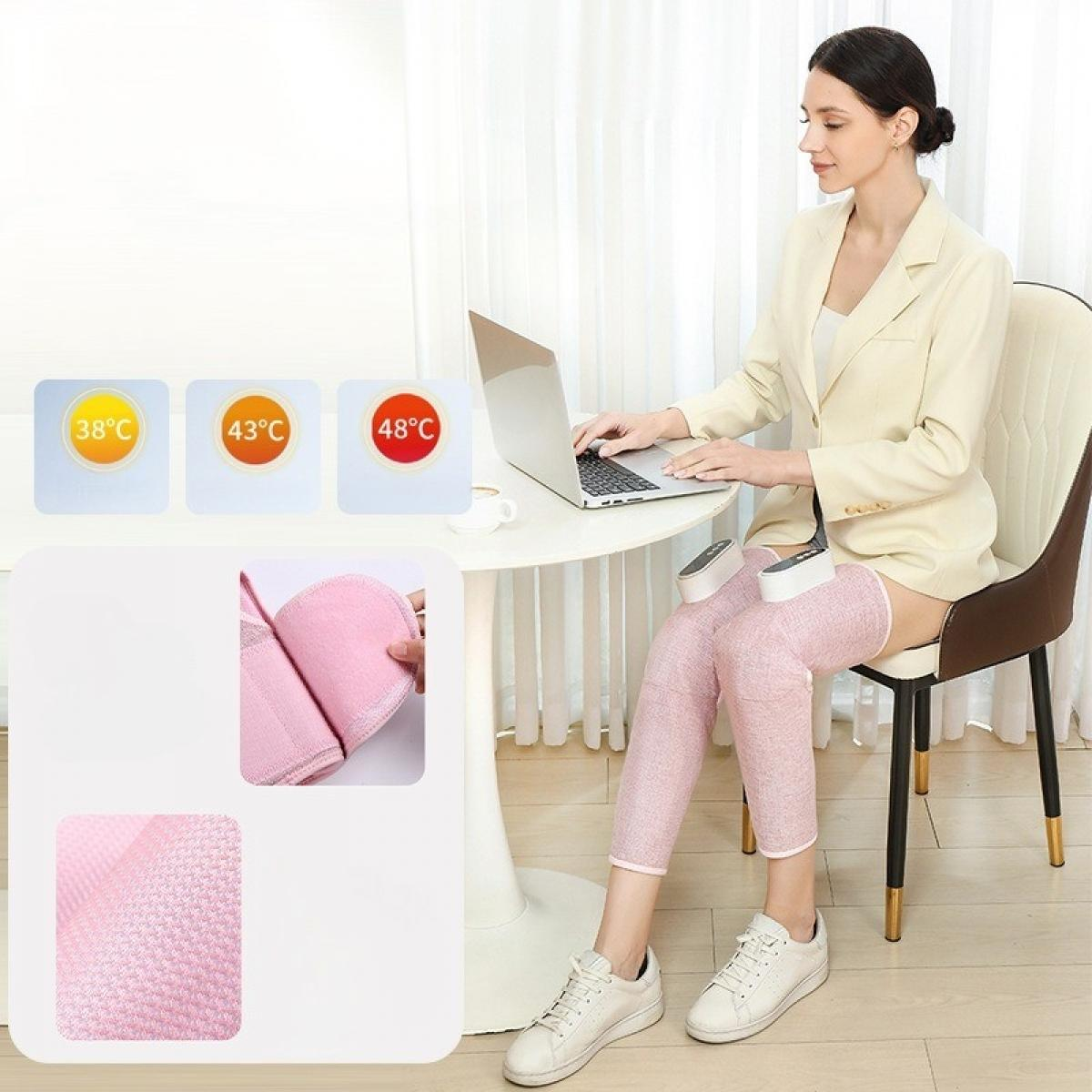 Frau im cremefarbenen Blazer benutzt Laptop. Sichtbare beheizte Beinwickel. Temperaturen: 38°C, 43°C, 48°C. Rosa Beinwickel, weiße Turnschuhe.