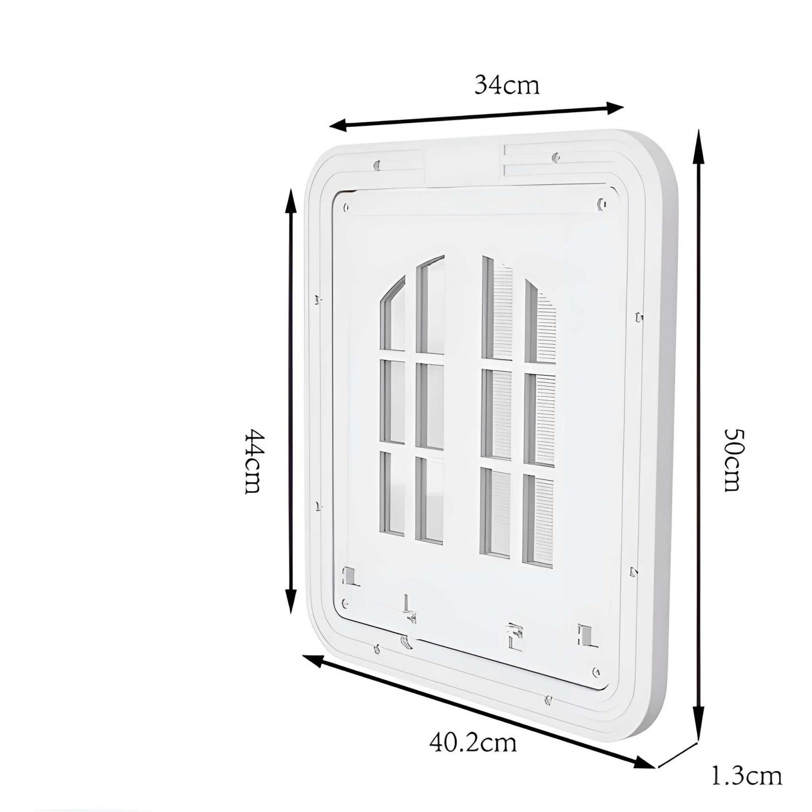 Weißes rechteckiges fensterförmiges Objekt. Abmessungen sind beschriftet: 34 cm breit, 44 cm hoch, 50 cm diagonal, 40,2 cm lang und 1,3 cm dick.