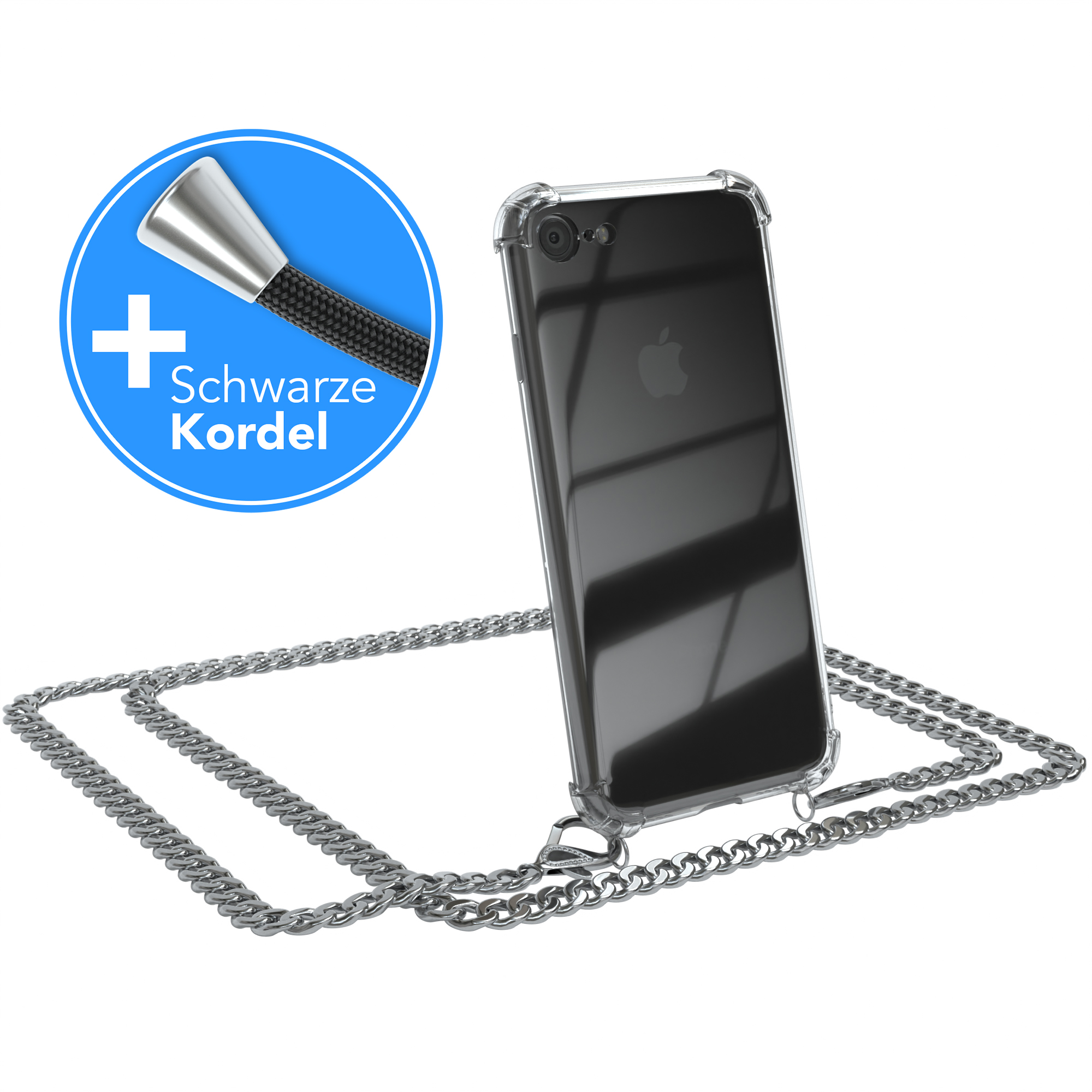 Eine Handyhülle mit Kette. Ein blauer Kreis mit Kordel und den Worten 'Schwarze Kordel' ist oben links.