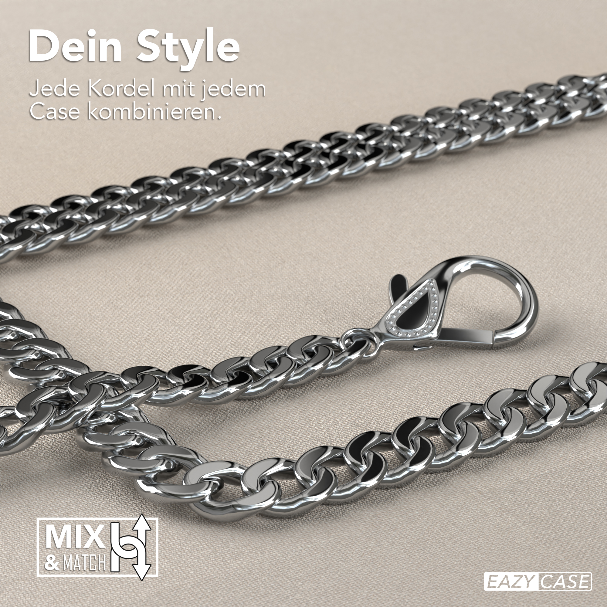 Eine silberne Kette mit Verschluss liegt auf beigem Untergrund. Oben steht 'Dein Style'. Das Logo ist 'Mix & Match'.