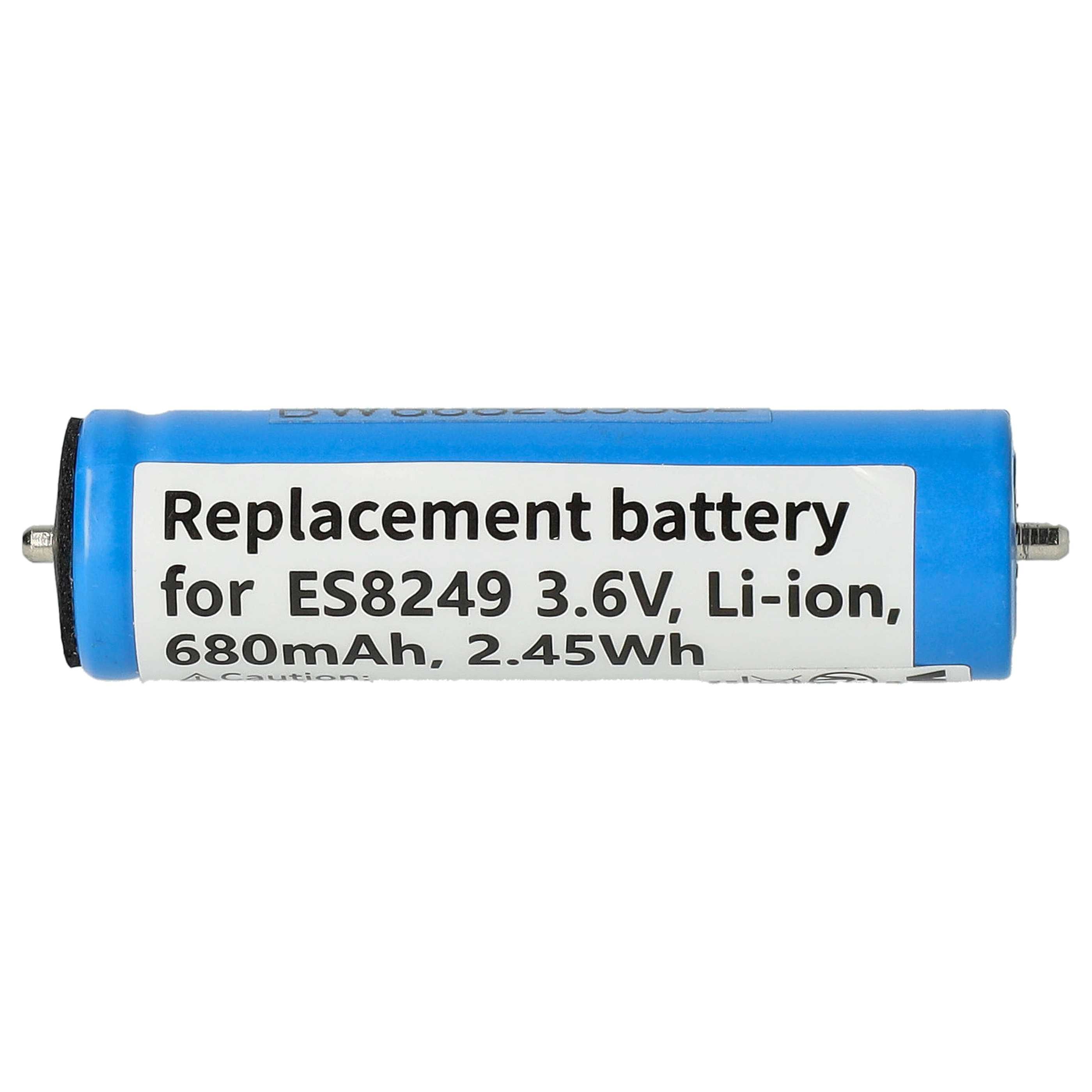 Ein blauer Akku mit einem weißen Etikett mit der Aufschrift 'Ersatzbatterie für ES8249 3,6V, Li-Ion, 680mAh, 2,45Wh'.