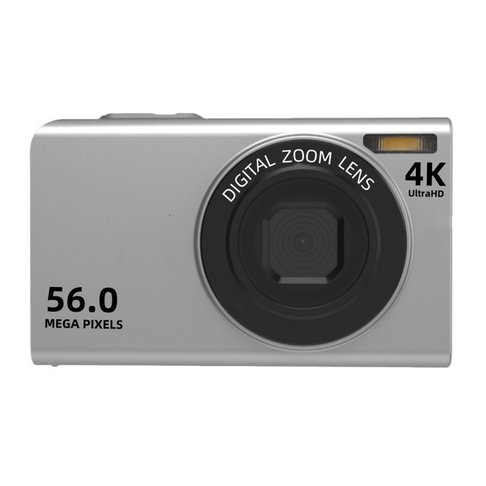 Silberne Digitalkamera mit schwarzem Objektiv. Funktionen: Digitalzoomobjektiv, 4K UltraHD und 56,0 Megapixel.
