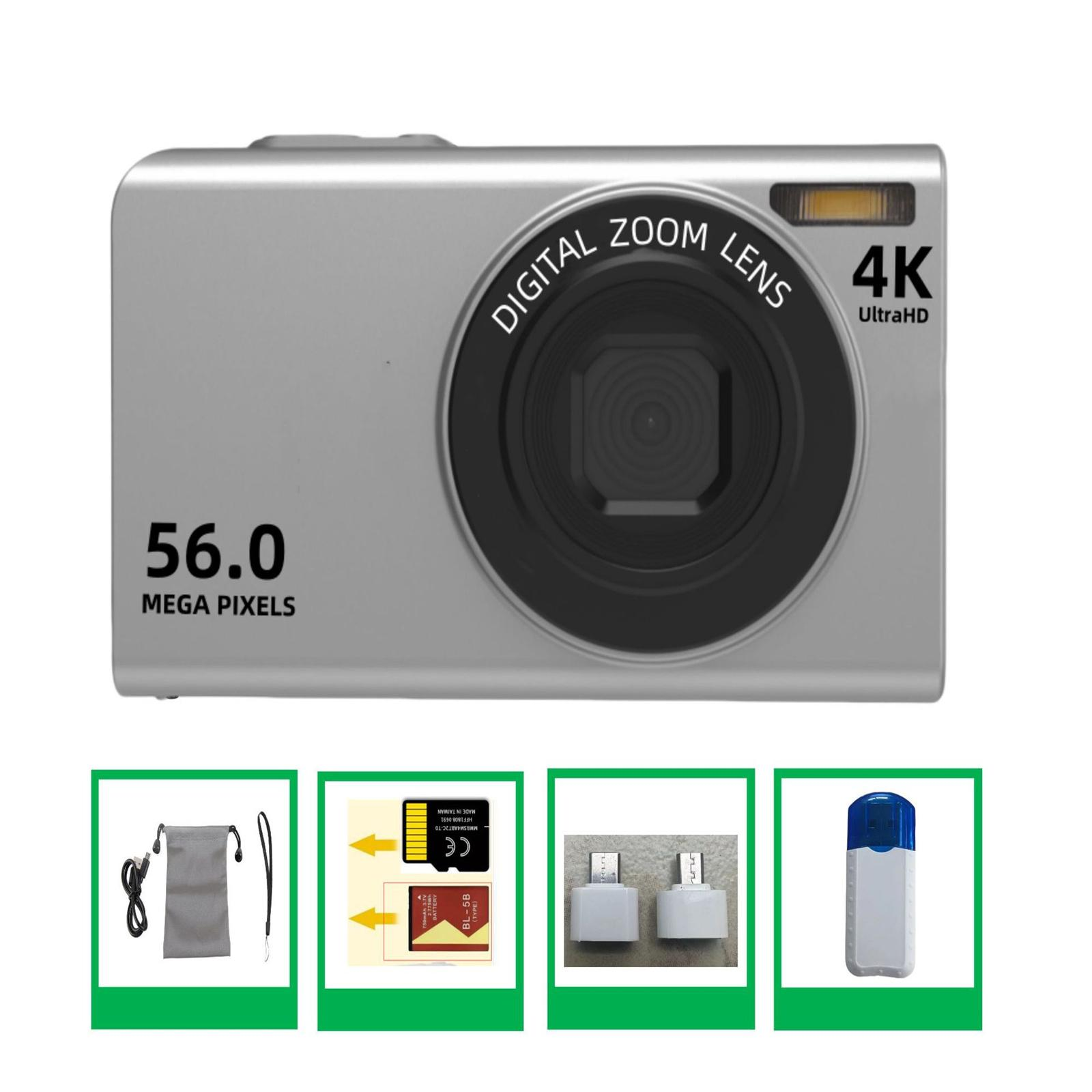 Silberne Digitalkamera mit Zoomobjektiv und '4K Ultra HD'-Etikett. Zubehör: Karte, Adapter und USB-Gerät.