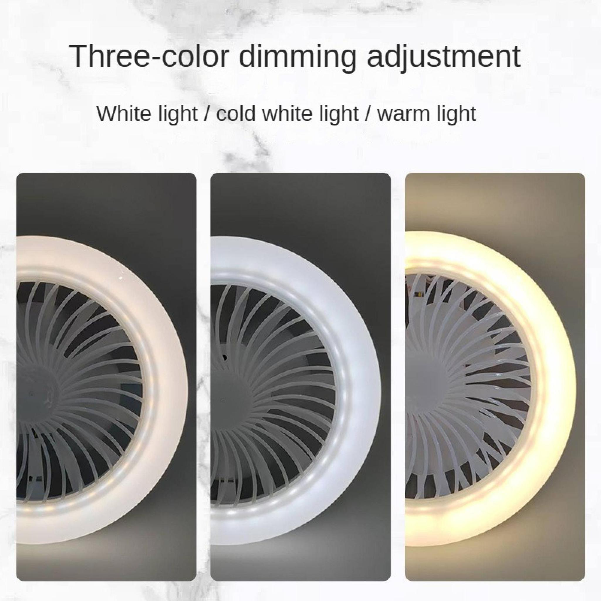 Das Bild zeigt drei Deckenventilatoren mit unterschiedlichen Lichteinstellungen: weiß, kaltweiß und warmweiß.