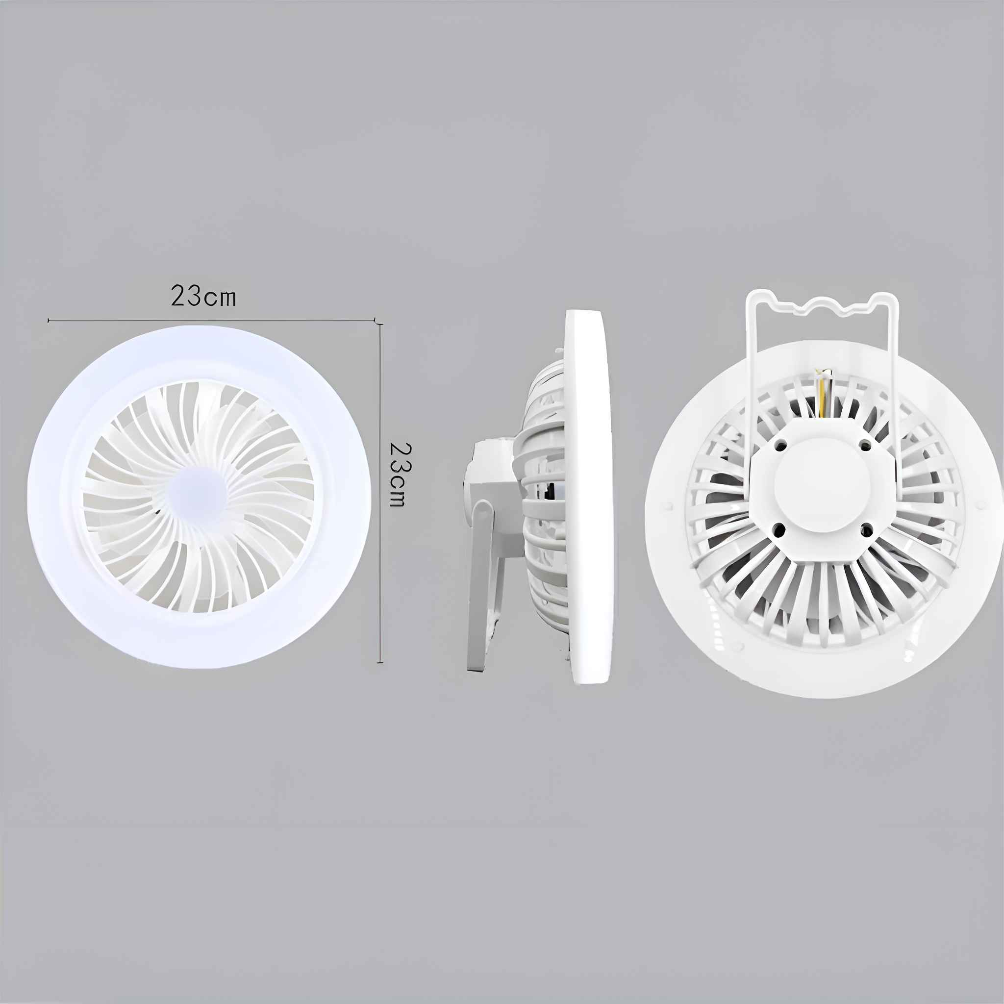 Drei Ansichten eines weißen Ventilators, 23 cm Durchmesser. Eine Vorder-, eine Seiten- und eine Rückansicht. Der Hintergrund ist hellgrau.