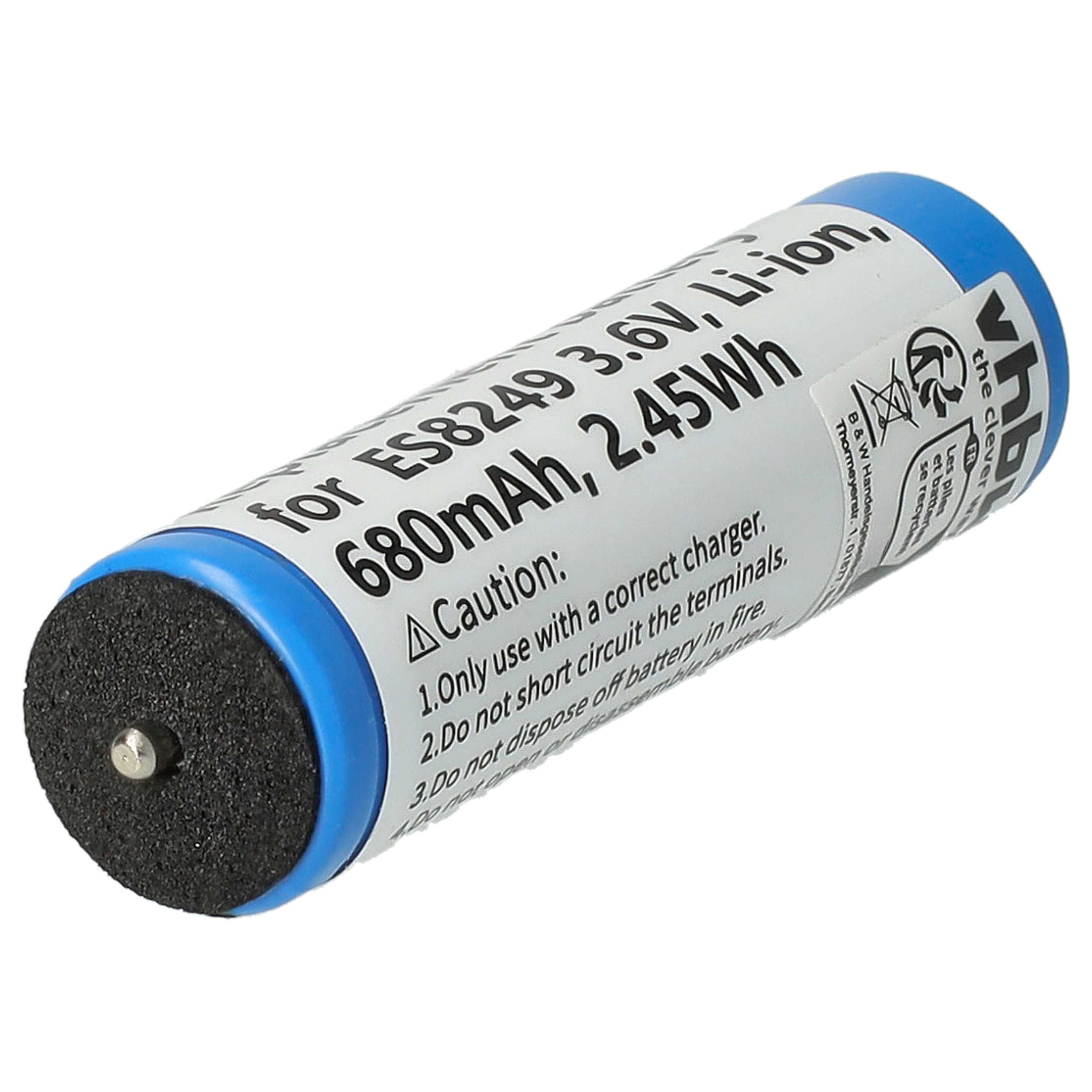 Eine zylindrische Batterie mit blauem Ober- und Unterteil und einem schwarzen, strukturierten Ende. Text: Li-Ionen-Batterie.
