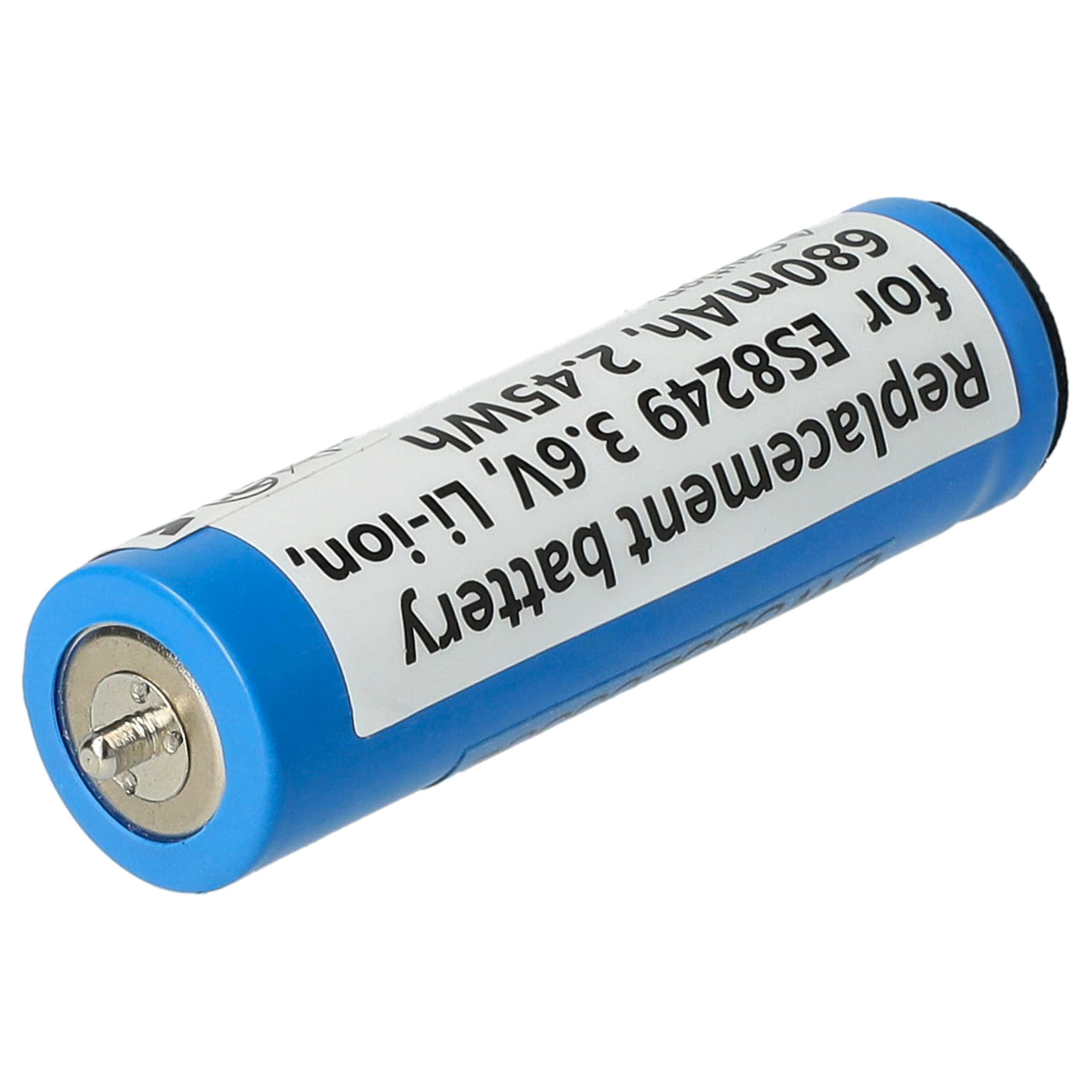 Eine blaue Batterie mit weißem Text, beschriftet mit 'Ersatzbatterie für ES8249 3,6 V Li-Ion 680 mAh, 2,45 Wh'.
