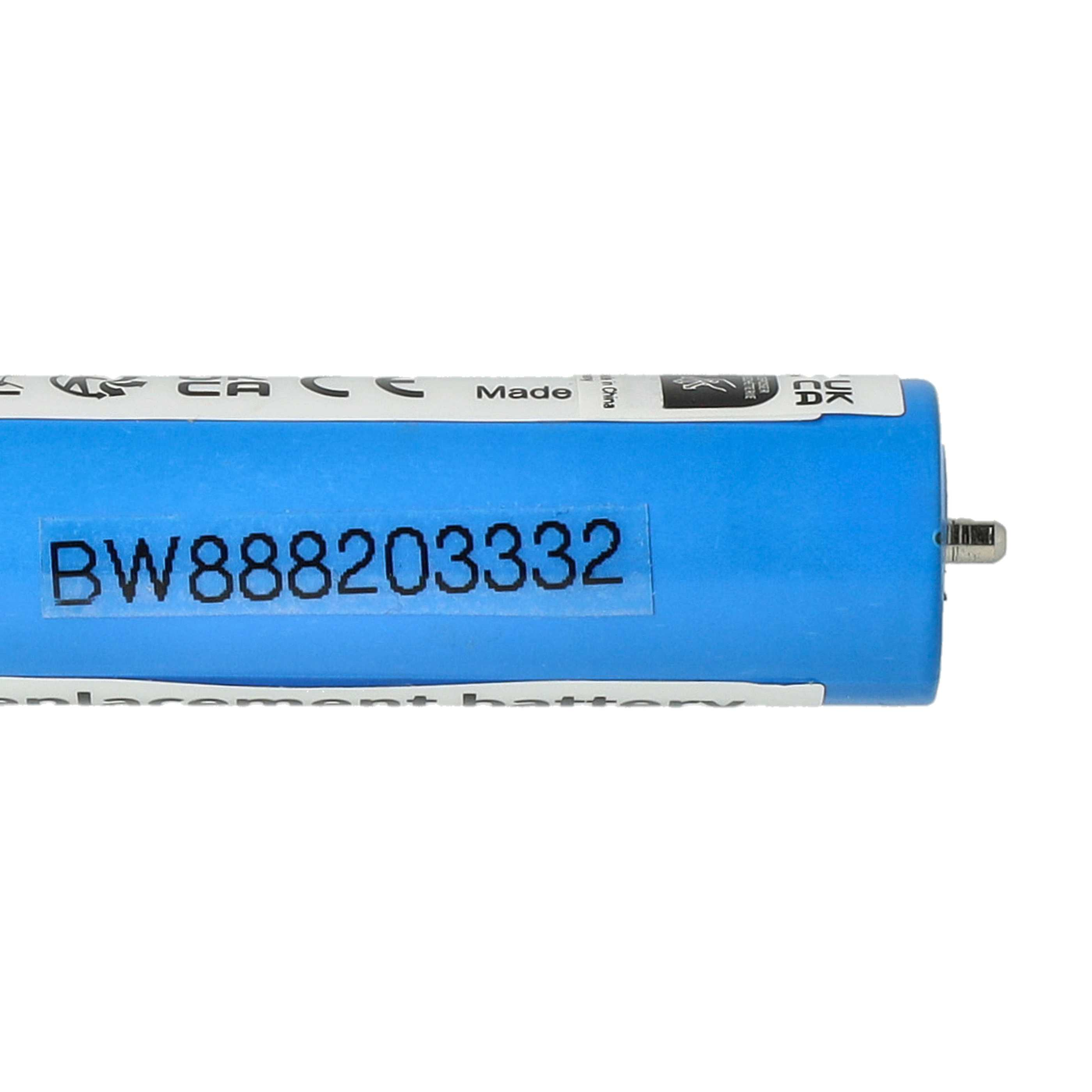 Eine blaue zylindrische Batterie mit einem Etikett mit der Aufschrift BW888203332. Die Batterie ist vor einem weißen Hintergrund.