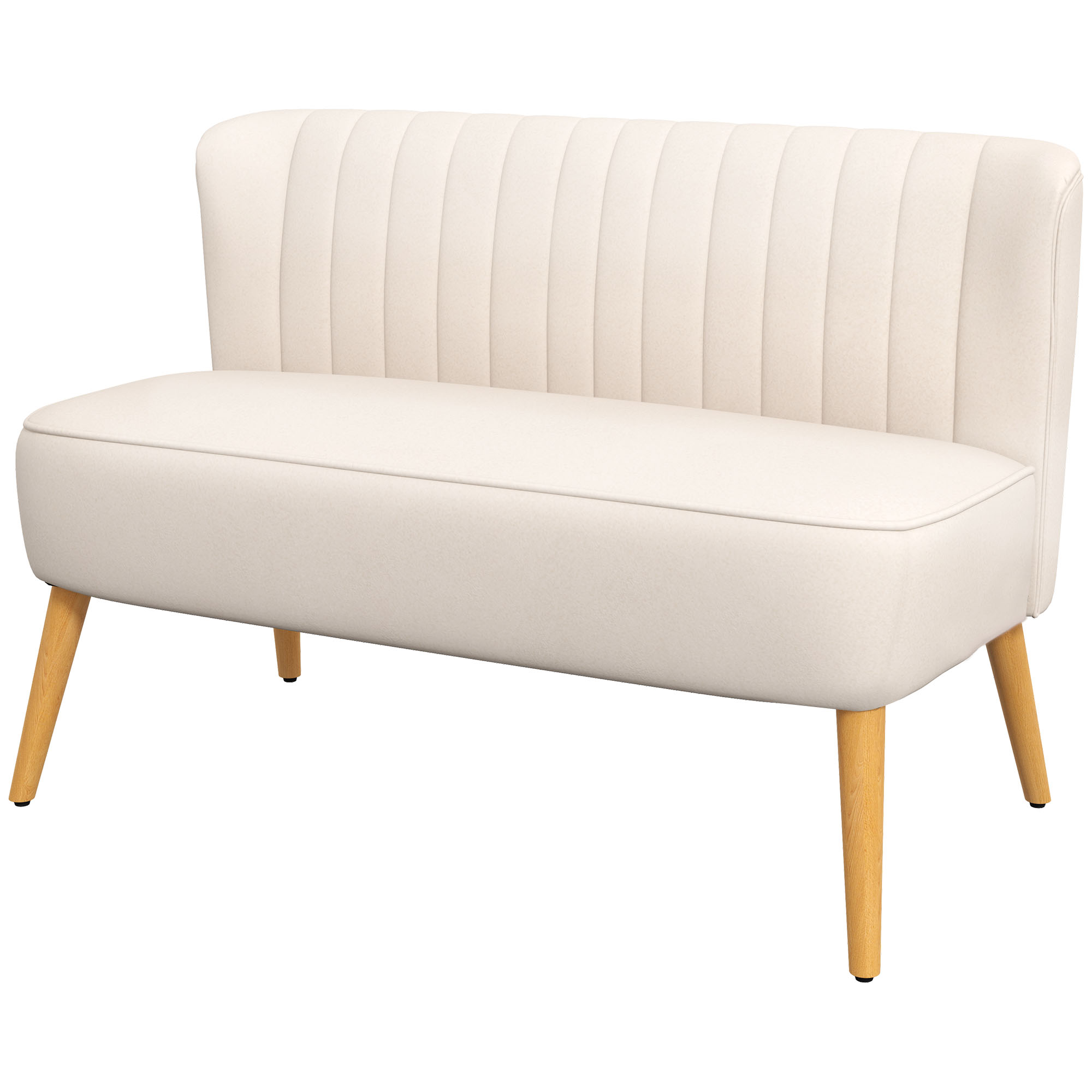 Ein cremefarbenes Sofa mit vertikal gerippter Rückenlehne, glattem Sitz und Holzbeinen, vor weißem Hintergrund.