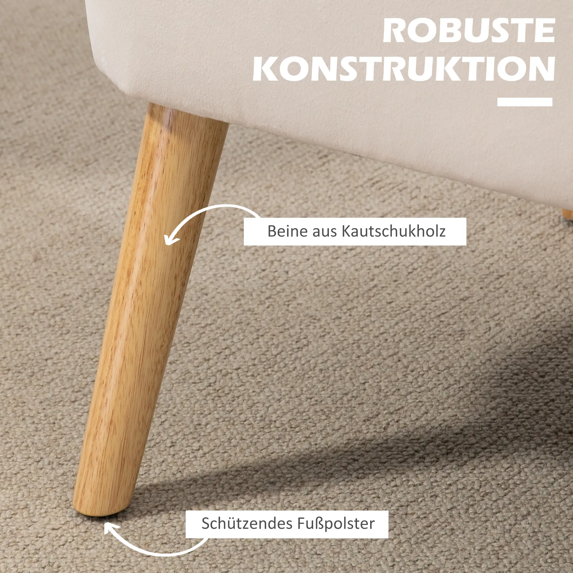 Eine Nahaufnahme zeigt ein Stuhlbein aus Holz, mit einem hellbeigen Teppich im Hintergrund. Text auf Deutsch ist sichtbar.