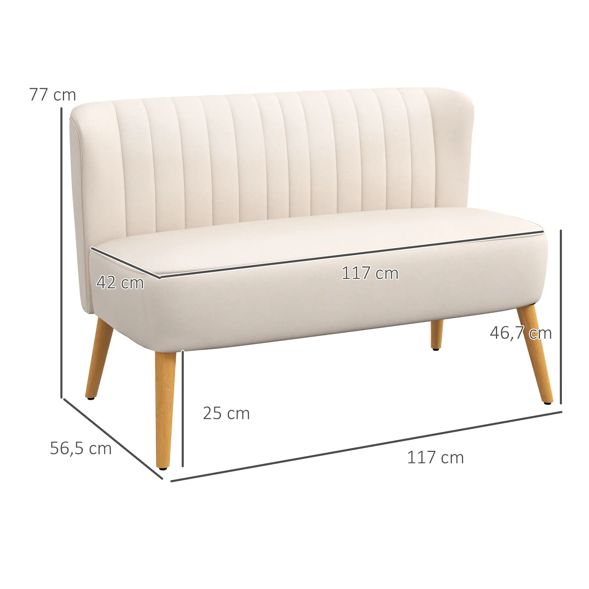 Ein cremefarbenes Sofa mit Holzbeinen wird mit markierten Abmessungen gezeigt. Die Rückenlehne hat vertikale Linien.