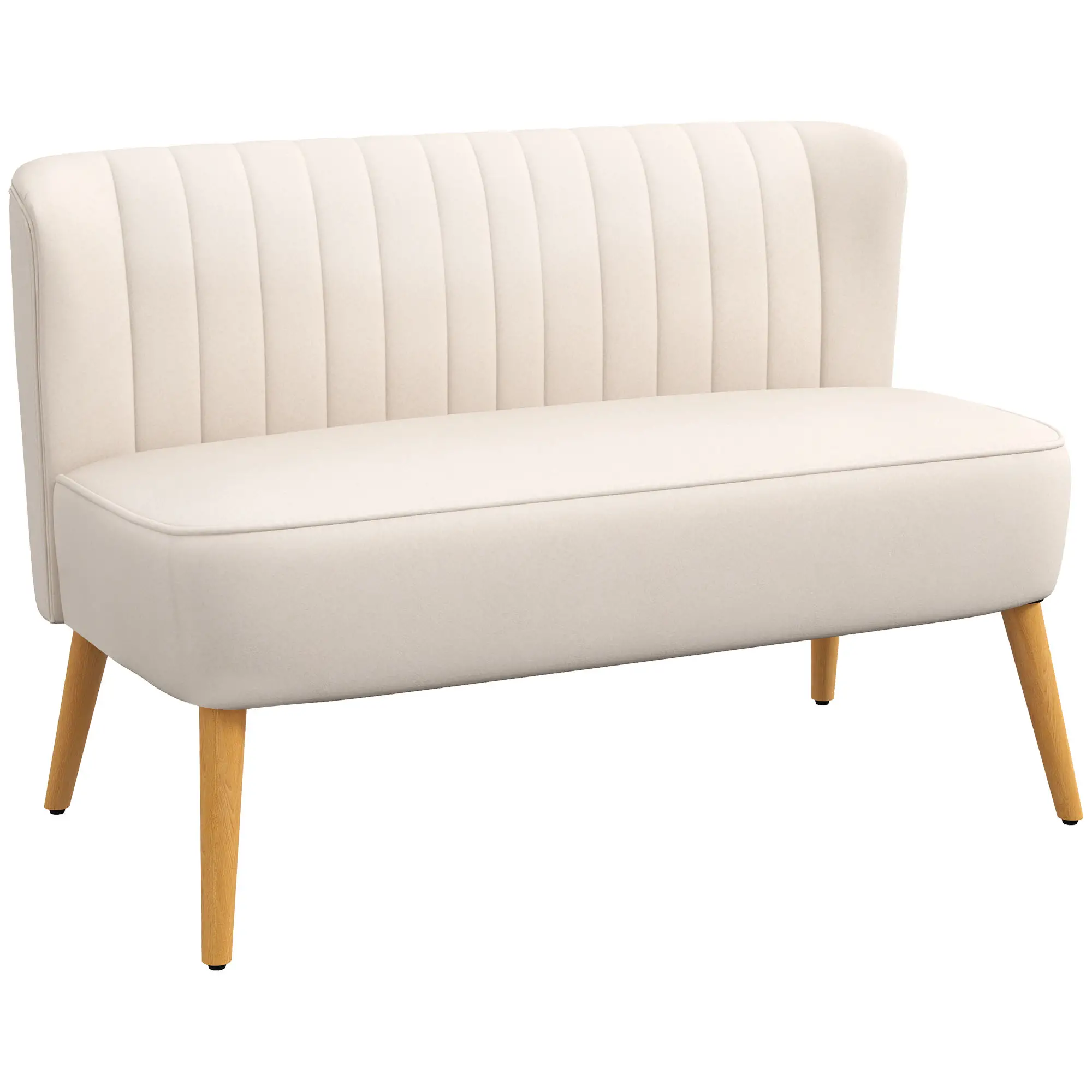 Cremefarbenes Loveseat mit Holzbeinen. Die Rückenlehne hat vertikale Steppungen. Sitz und Rücken sind aus weichem Material.