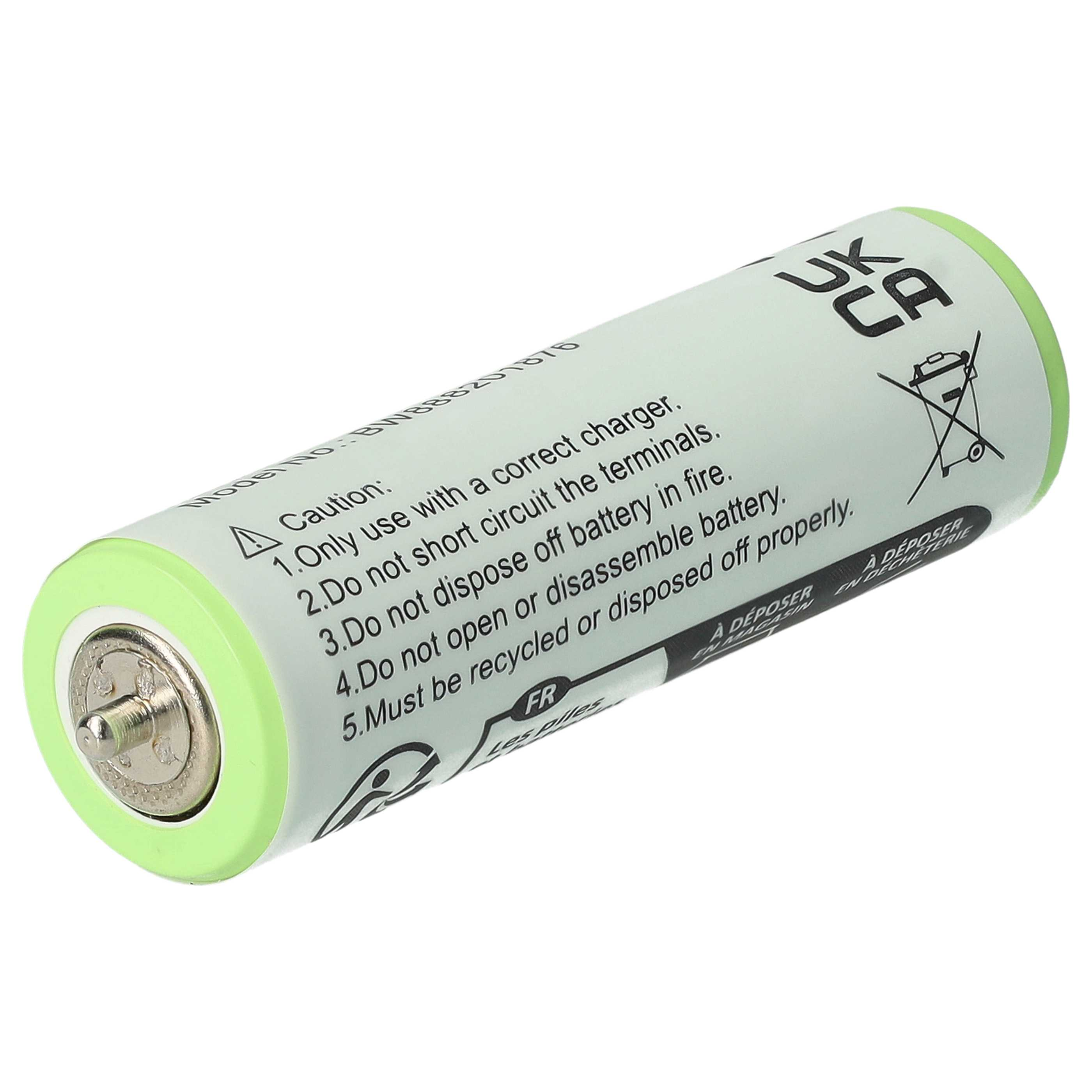 Eine Batterie mit grünen Kanten. Text warnt vor Missbrauch und Entsorgung. Enthält ein Recyclingsymbol.