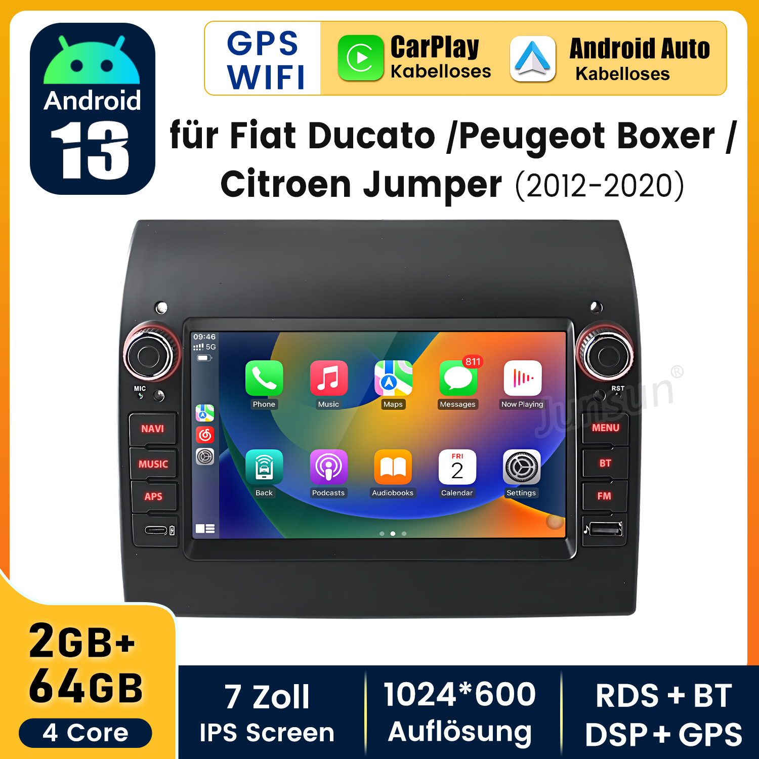 Autoradio mit Android 13, GPS, WLAN, CarPlay und Android Auto. Es hat einen Touchscreen und mehrere App-Symbole.