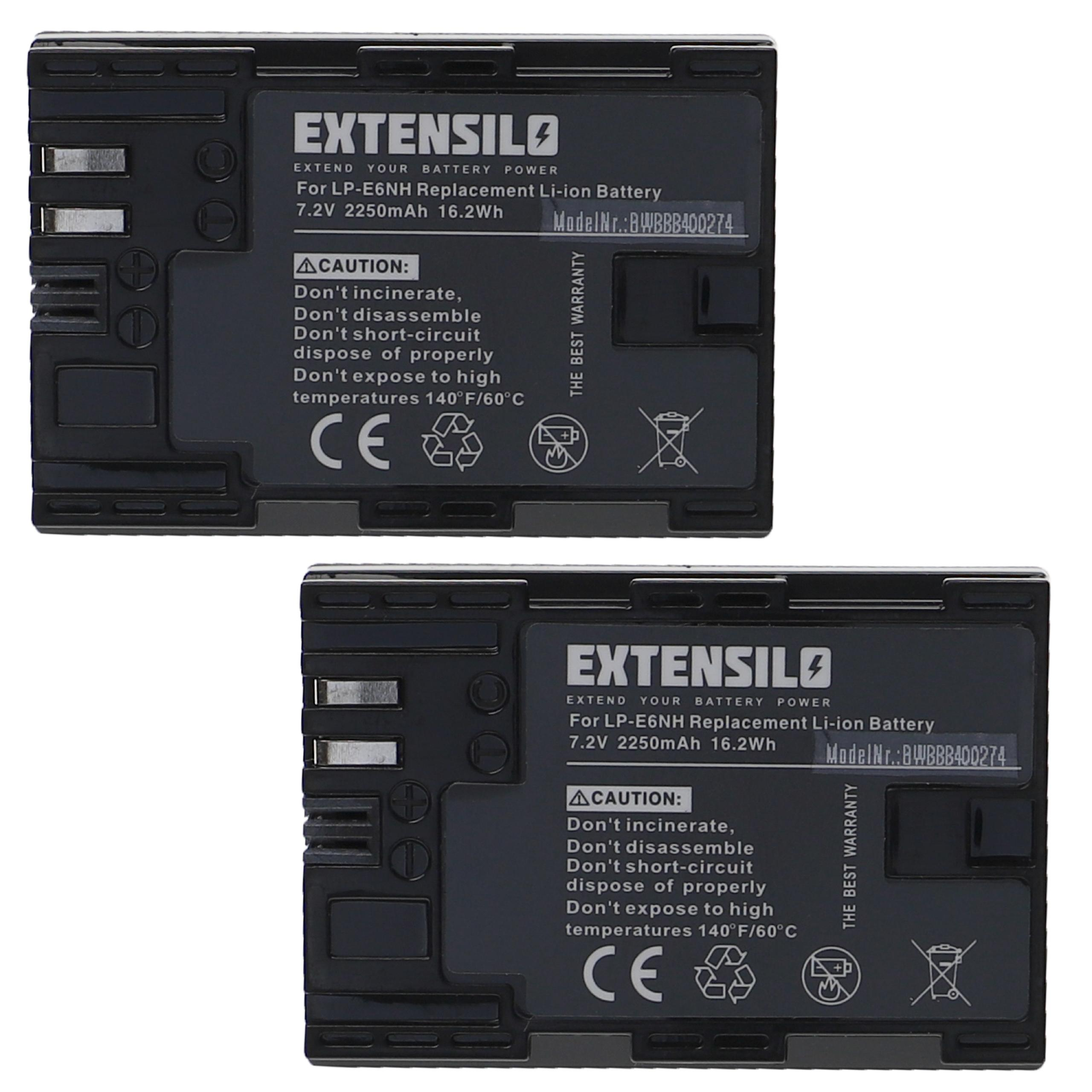 Zwei schwarze EXTENSILO-Akkupacks. Text enthält Modell, Warnsymbole und 'THE BEST WARRANTY'.
