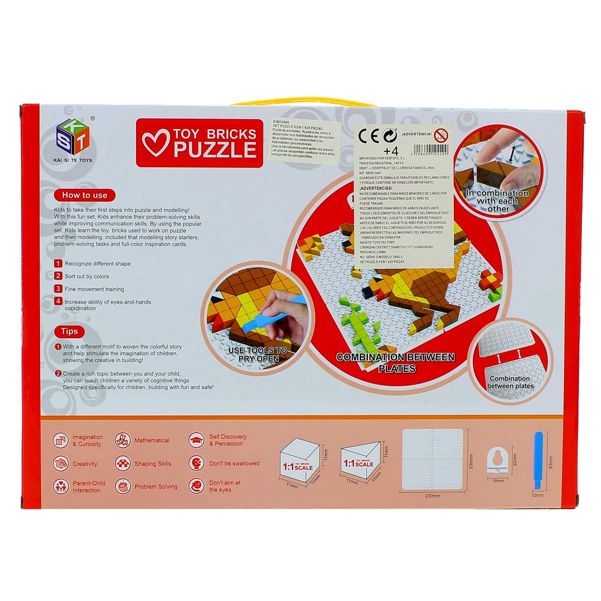 Caja con piezas de rompecabezas, mostrando instrucciones y advertencias. Incluye rompecabezas de ladrillos de juguete y recomendaciones de edad.