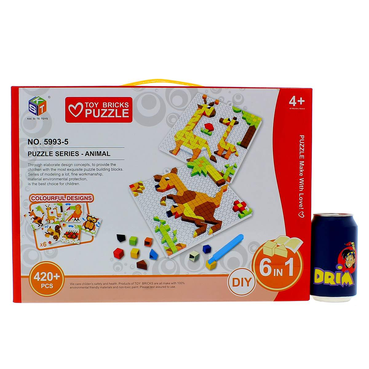 Caja de rompecabezas de ladrillos de juguete con diseños de animales, bloques de colores, una lata de bebida y el número 4+.