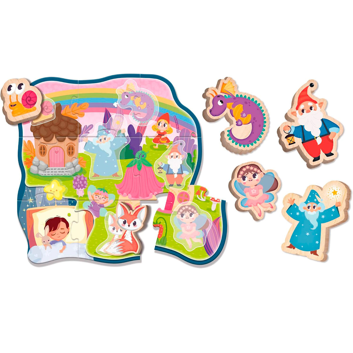 Un rompecabezas colorido con personajes de cuentos de hadas como magos, hadas, un gnomo y un niño durmiendo. Incluye un arcoíris y una casa.