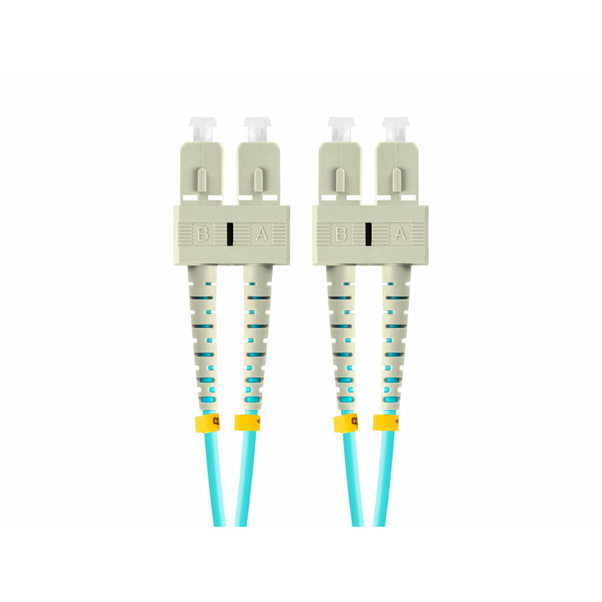 Due connettori in fibra ottica con cavi azzurri e connettori beige. Ogni connettore ha le etichette 'A' e 'B'.