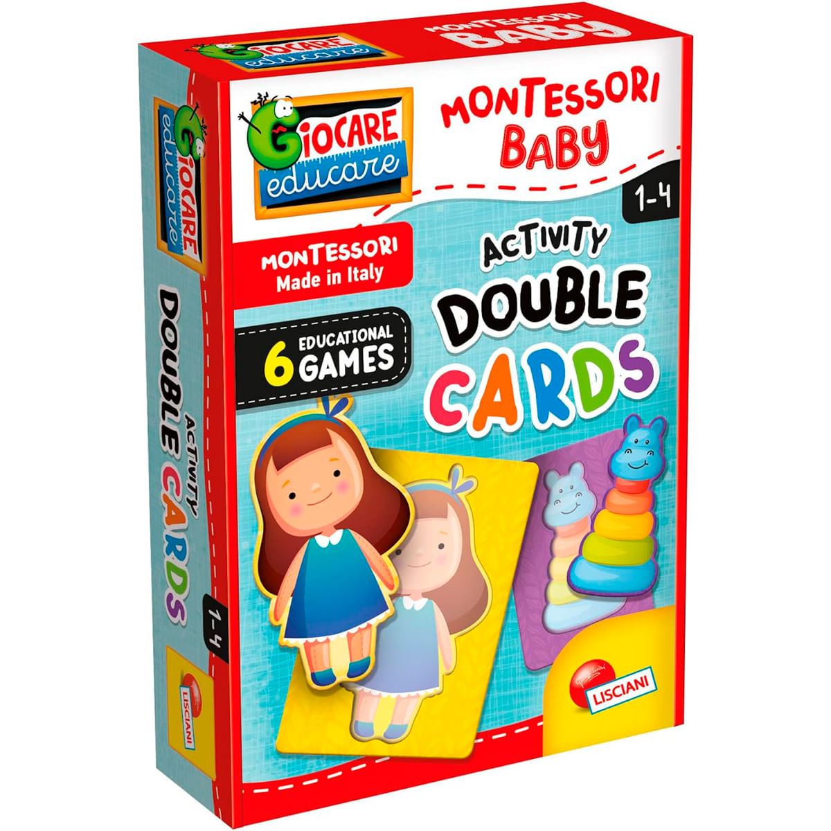 Caja para actividad Montessori Baby Double Cards. Presenta imágenes de niñas de dibujos animados, texto colorido y un juguete apilable. Contiene 6 juegos.