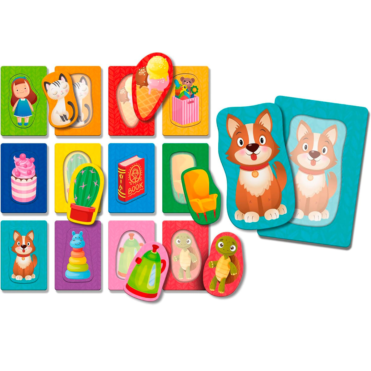 Tarjetas con ilustraciones de una niña, gatos, helado, un osito de peluche, pastel, cactus, libro, silla, zorro, hipopótamo, tetera, tortugas.