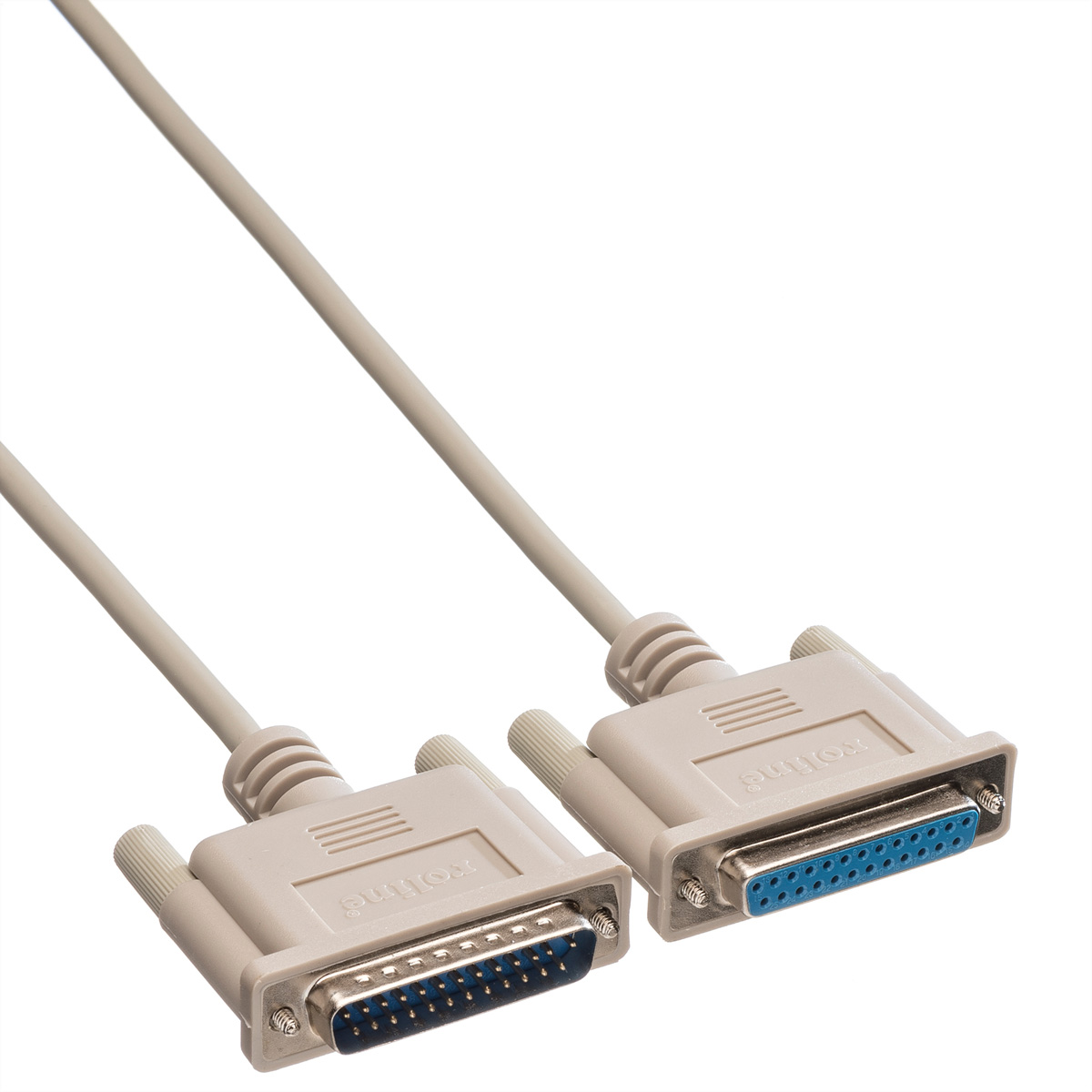 Two gray parallel printer cables with blue connectors against a white background.