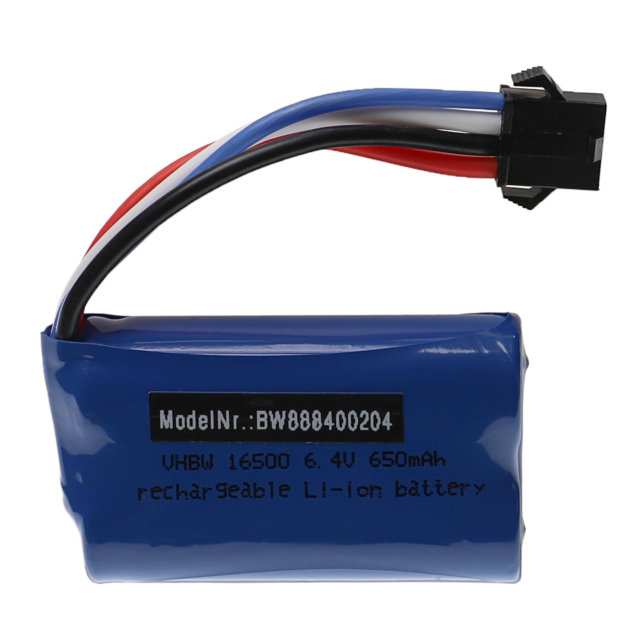 Blaue Batterie mit Kabeln (rot, weiß, schwarz, blau) und Stecker. Text: ModelNr.:BW888400204, VHBW 16500 6,4V 650mAh wiederaufladbare Li-Ionen-Batterie.
