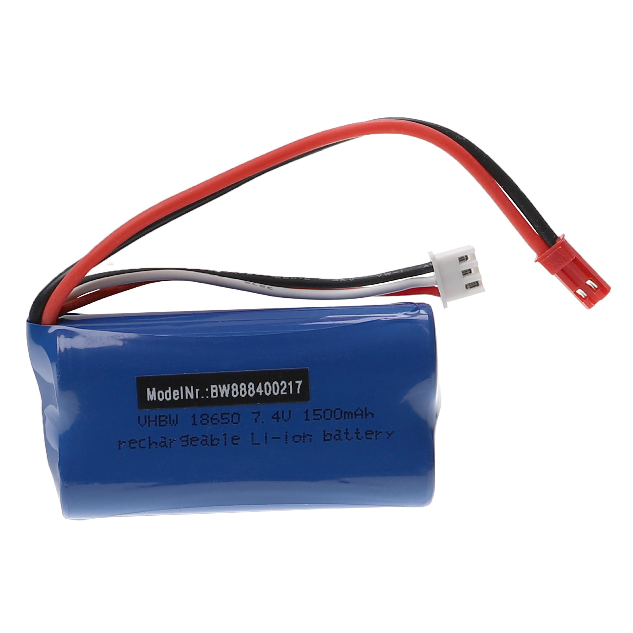 Ein blauer wiederaufladbarer Li-Ionen-Akku mit roten, schwarzen und weißen Drähten und einem weißen Stecker. Der Akku hat Text.