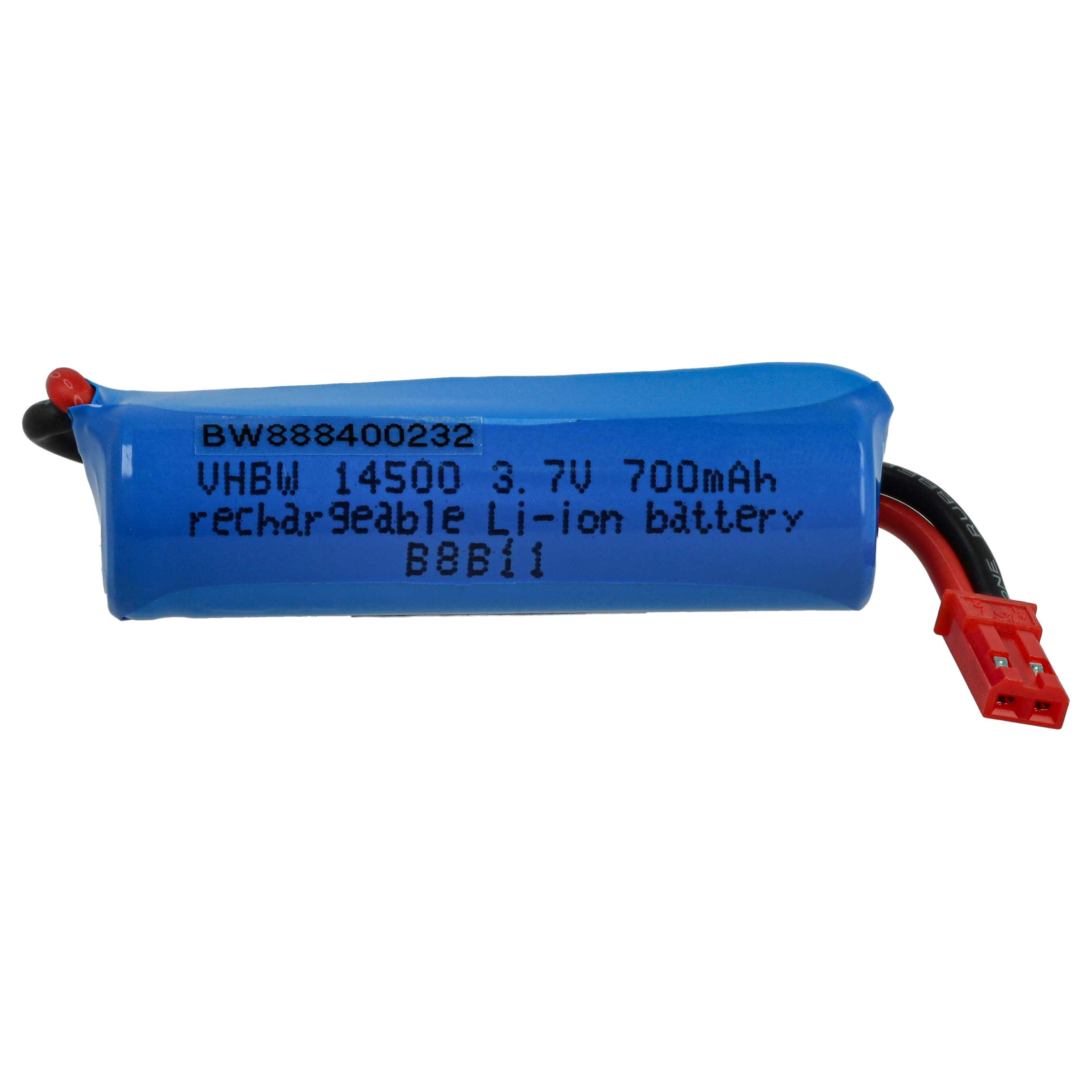 Ein blauer, wiederaufladbarer Li-Ionen-Akku mit Text, roten und schwarzen Drähten und einem roten Stecker.