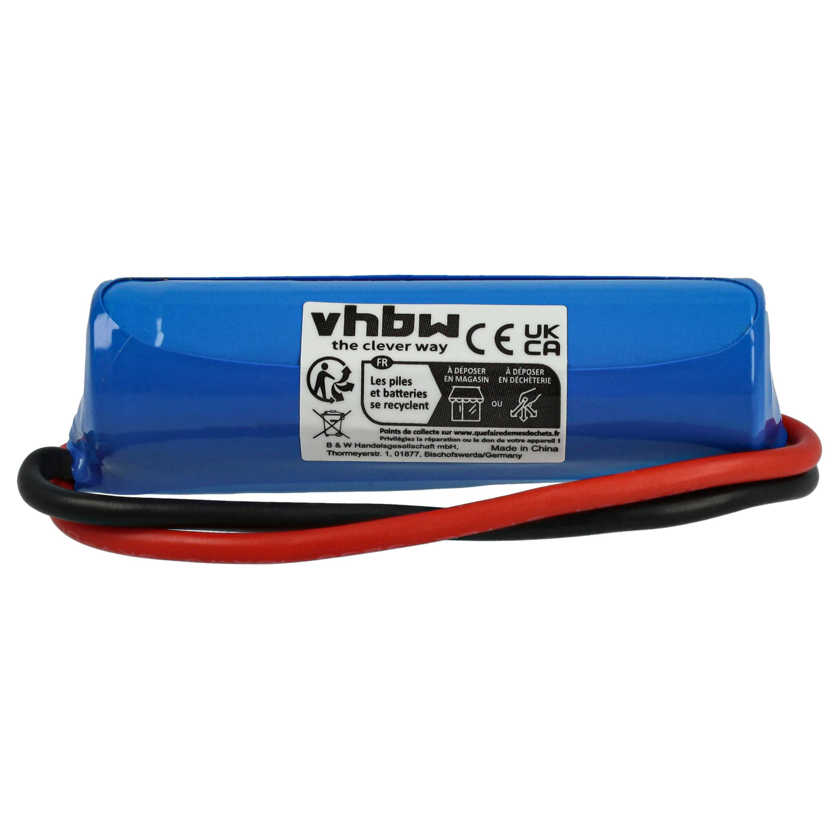 Ein blauer Akku mit schwarzen und roten Drähten. Text enthält 'vhbw', 'UK CA' und Recycling-Symbole.