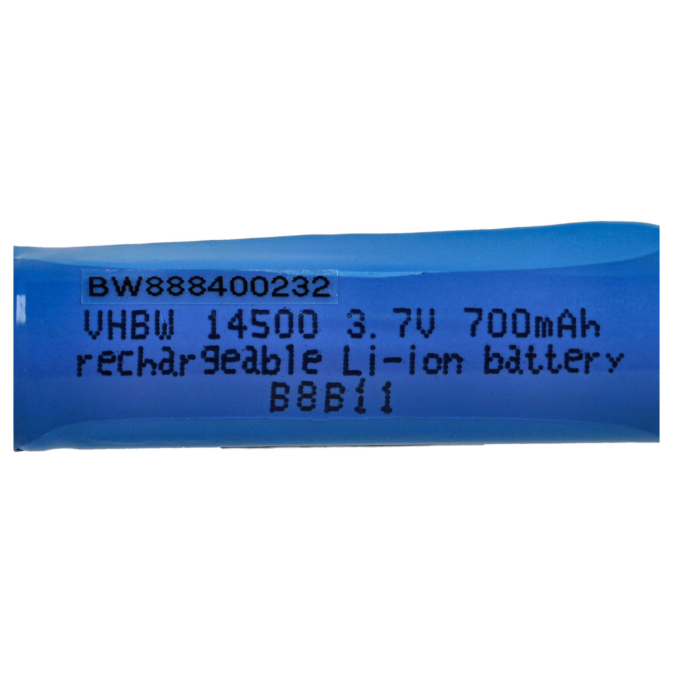 Ein blauer, wiederaufladbarer Li-Ionen-Akku. Er hat Text, der lautet: VHBW 14500 3,7 V 700 mAh.