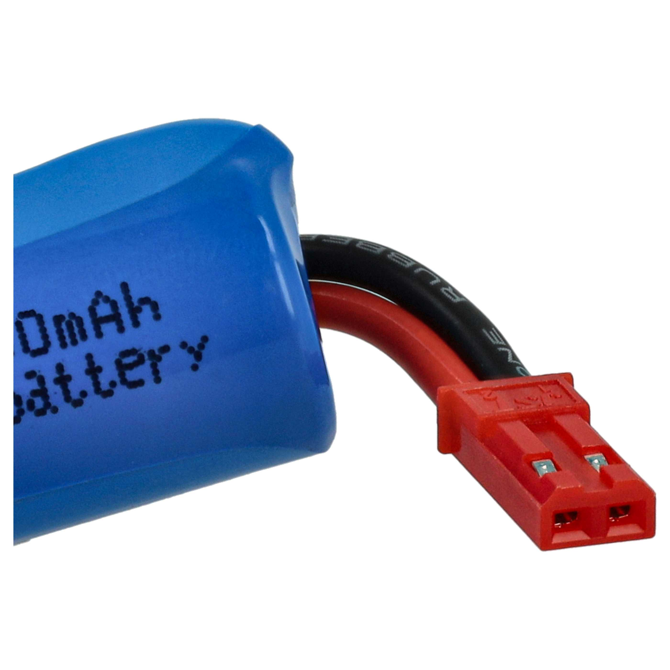 Ein blauer Akku mit schwarzen und roten Drähten und einem roten Stecker. Auf dem Akku steht: "0mAh Akku".