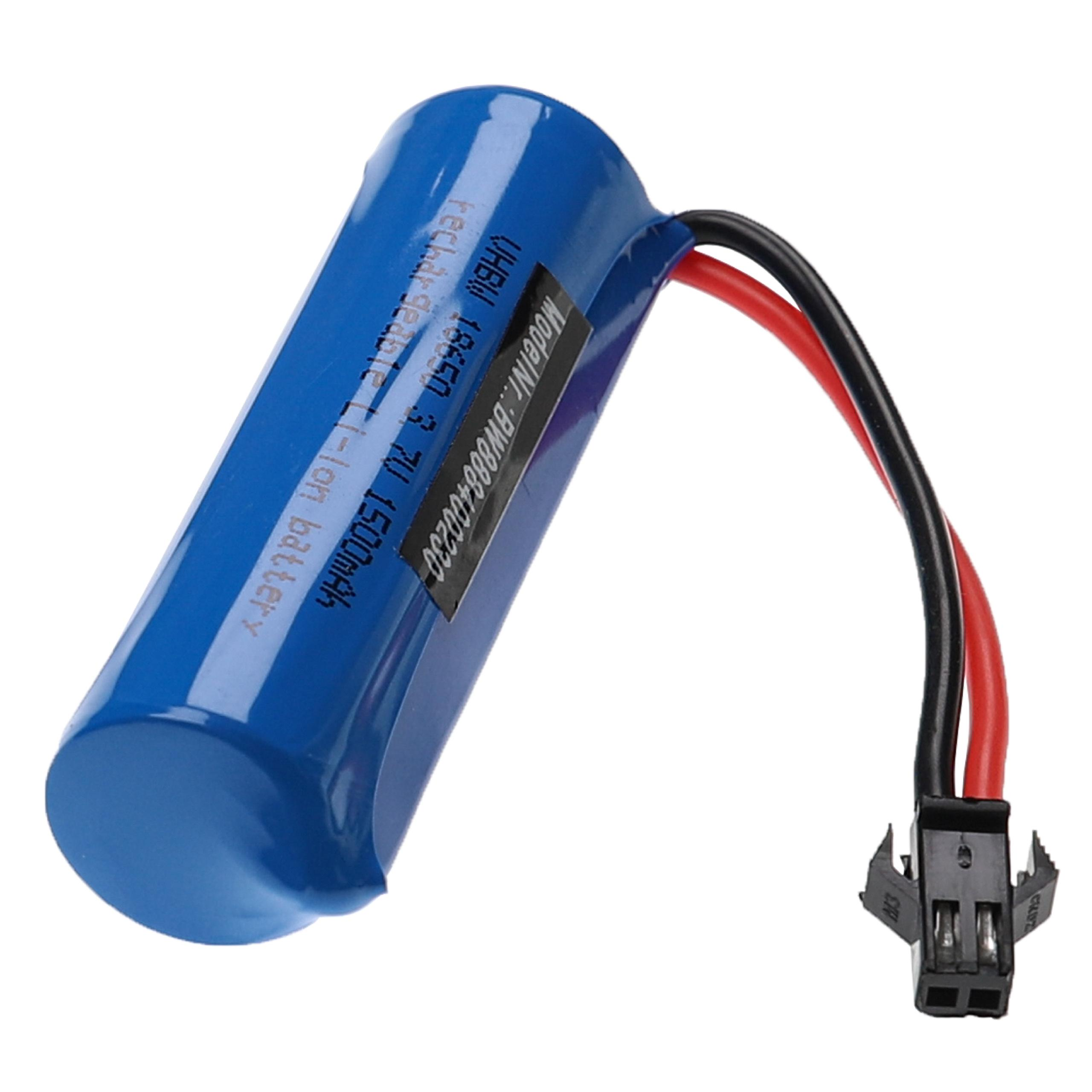 Blaue zylindrische Batterie mit schwarzen und roten Drähten, einem schwarzen Stecker und Textaufklebern.
