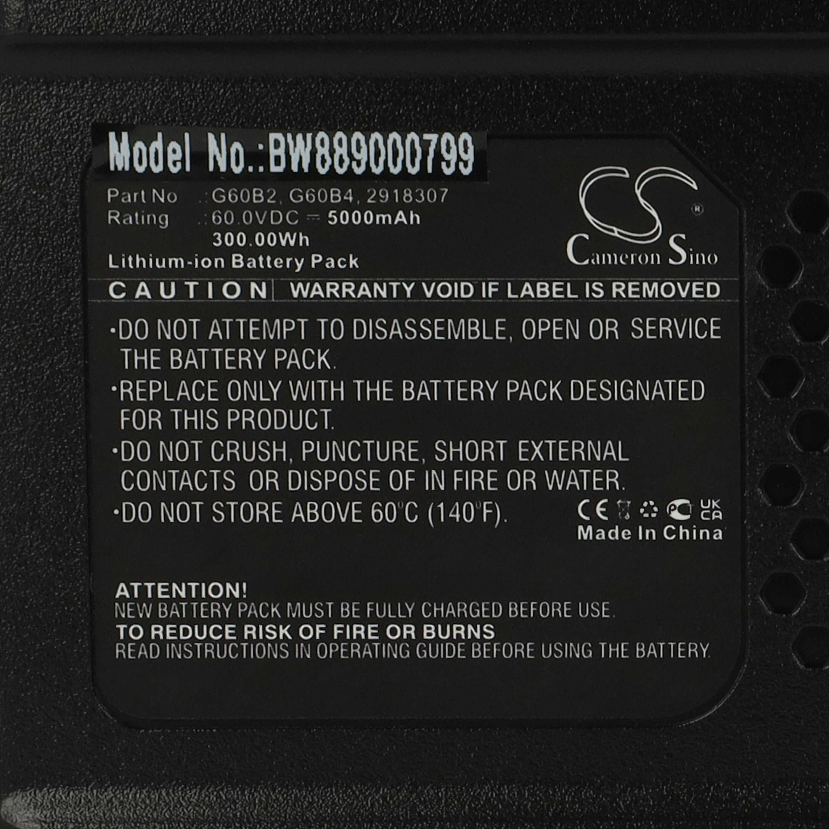 Schwarzes Etikett mit weißen Texten, die Details zu Batteriespezifikationen wie Spannung, Kapazität und Warnungen enthalten.
