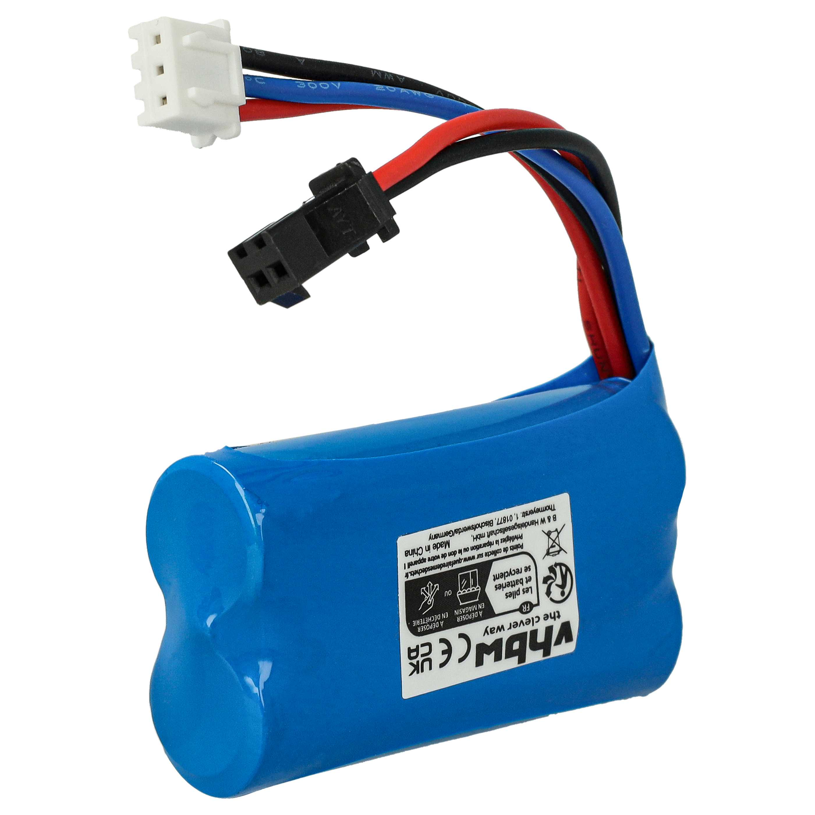 Eine blaue Batterie mit schwarzen, roten und blauen Drähten und weißen und schwarzen Steckern. Text auf der Batterie.