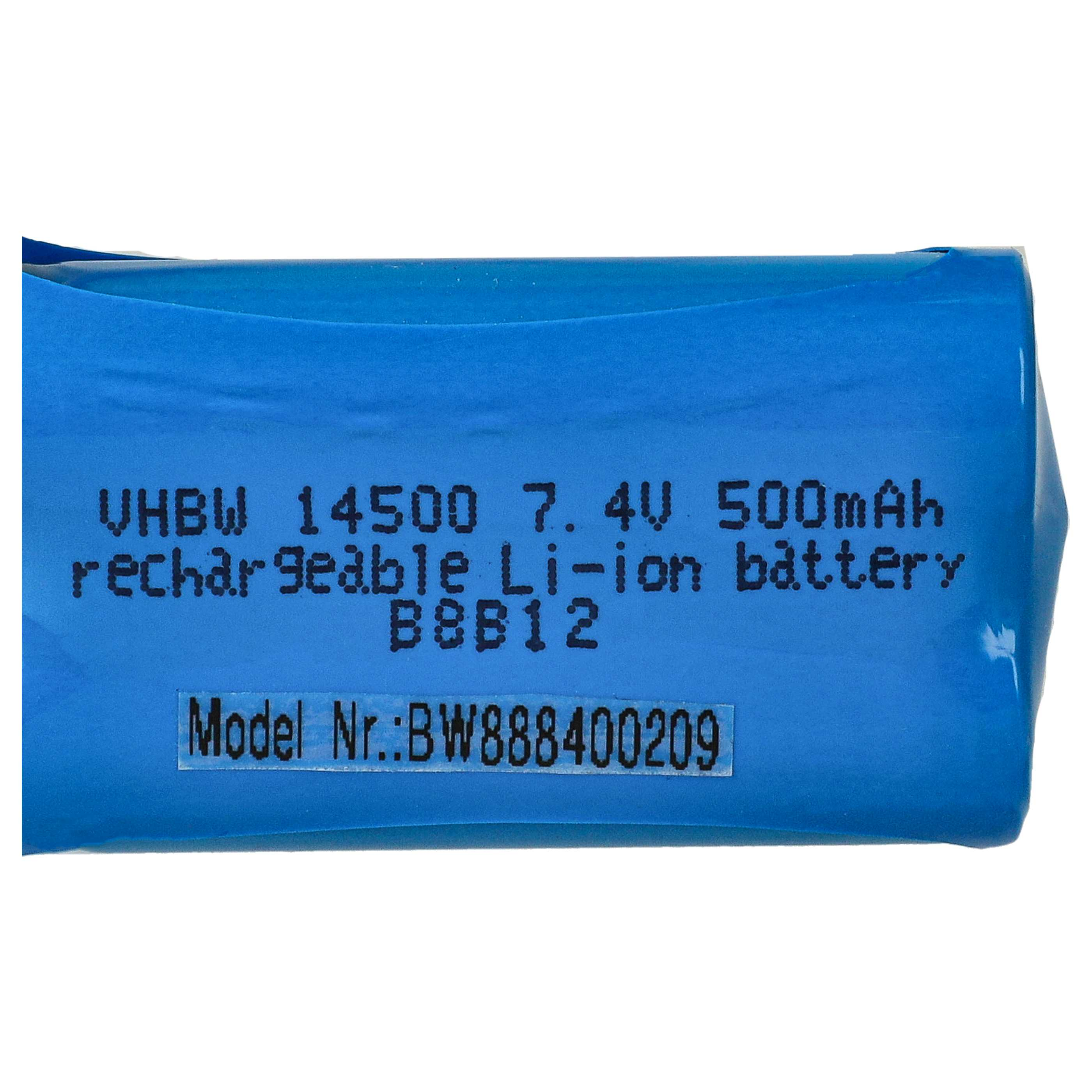 Ein blauer, wiederaufladbarer Li-Ionen-Akku. Text darauf lautet: VHBW 14500 7,4 V 500 mAh, Modell-Nr.: BW888400209.