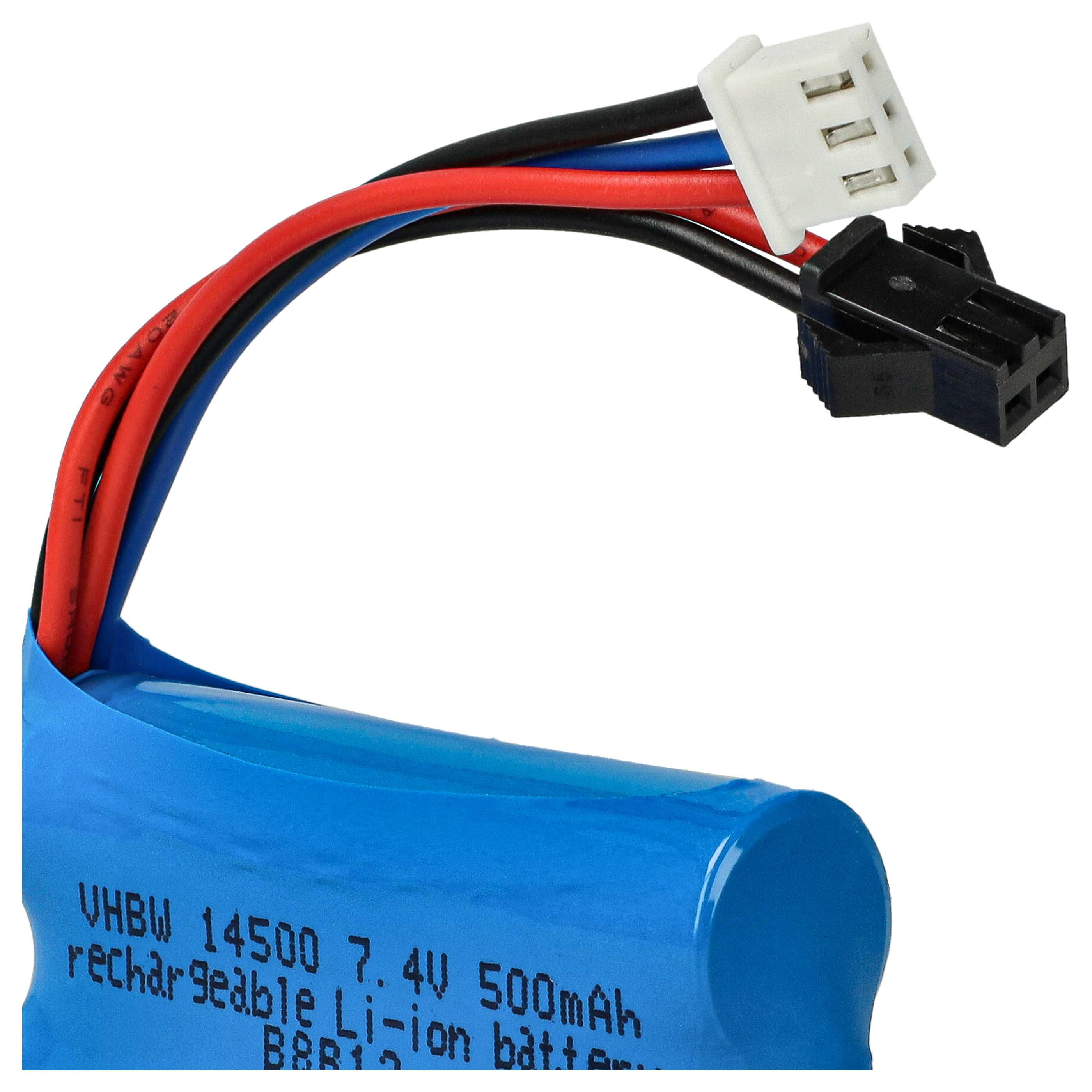 Eine blaue Batterie mit roten, schwarzen und blauen Drähten, die mit weißen und schwarzen Steckern verbunden sind.