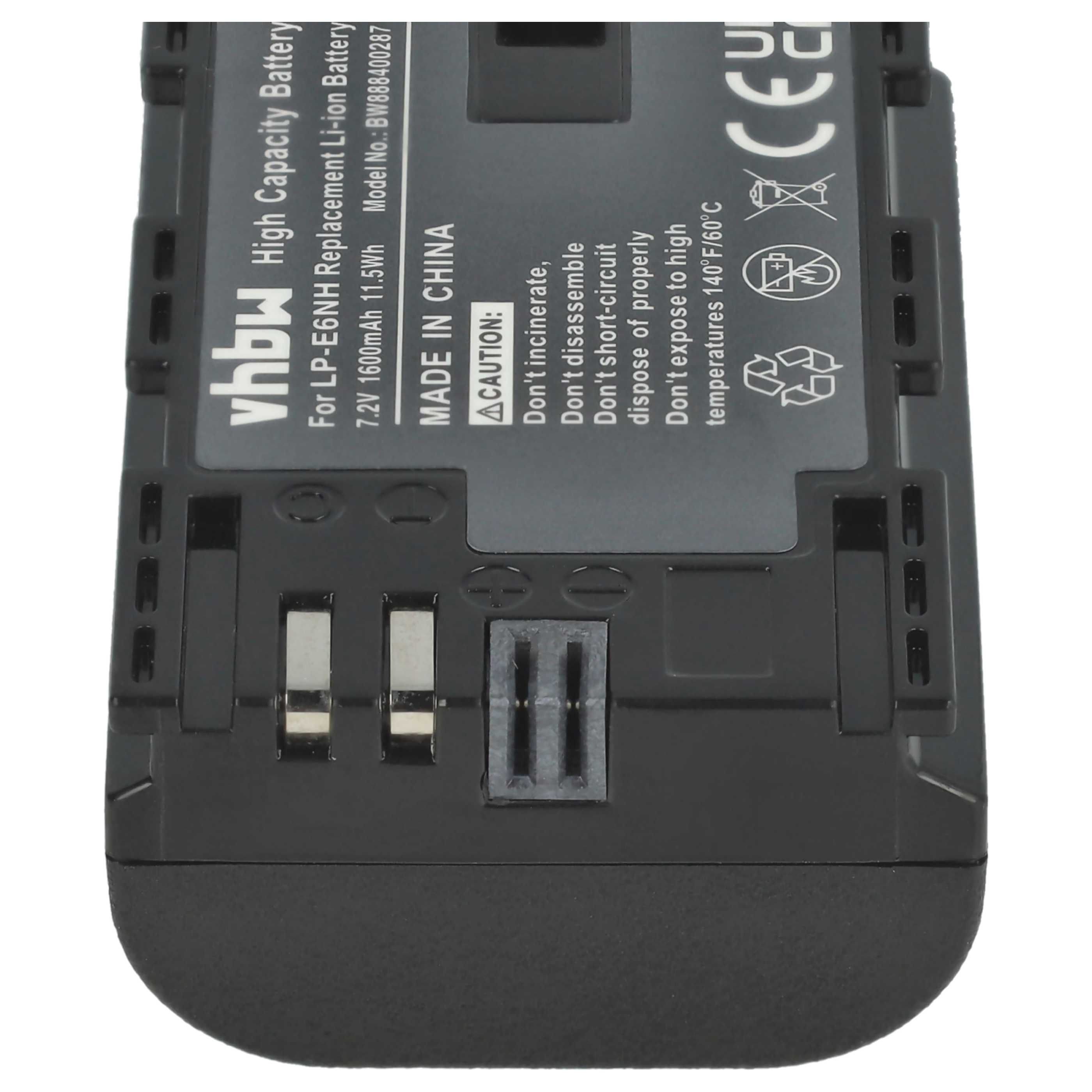 Ein schwarzer Akku mit Text: vhbw, High Capacity Battery, Made in China und Vorsichtssymbolen.
