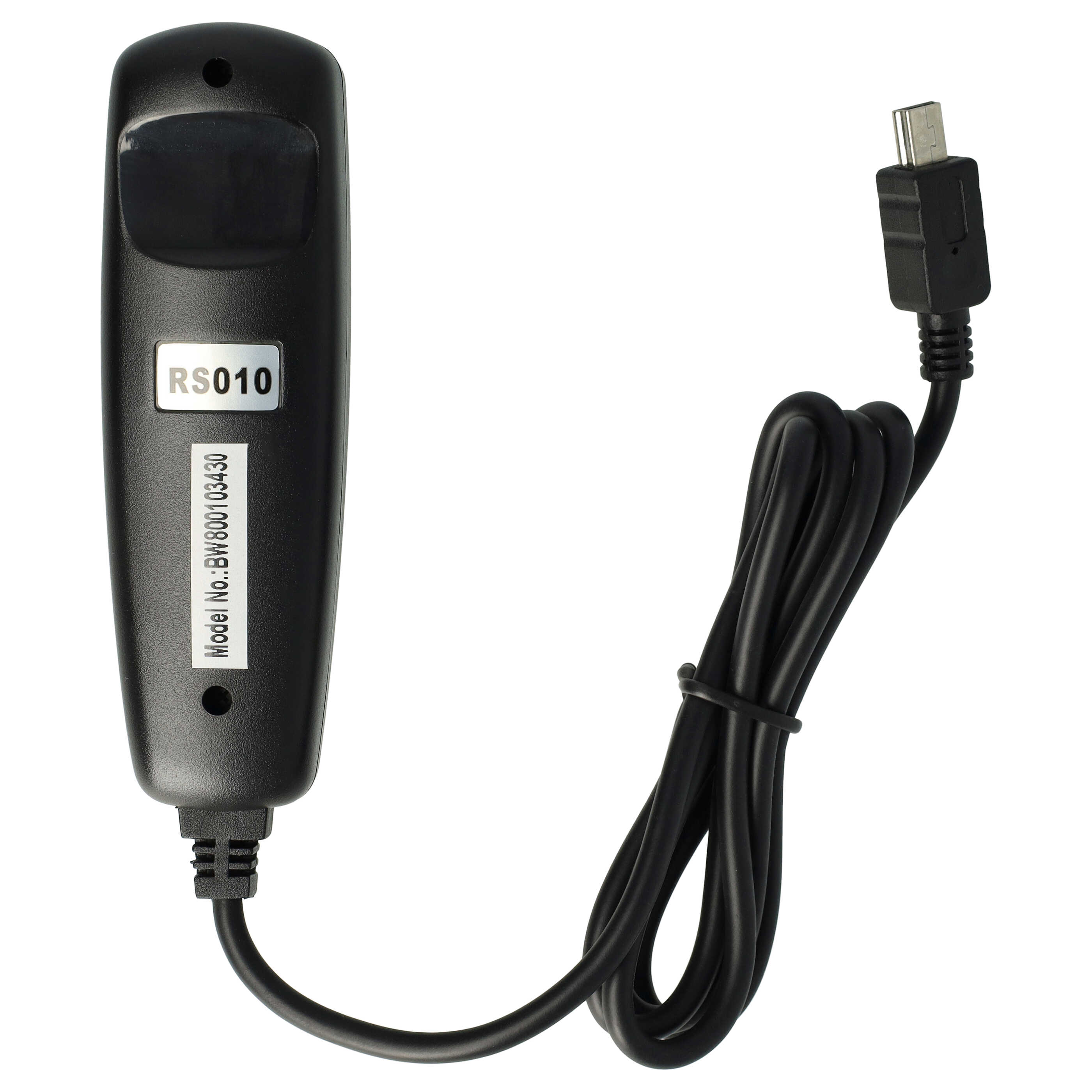 Schwarze Kamera-Fernbedienung mit Kabel und USB-Anschluss. Die Fernbedienung hat eine Taste und das Etikett RS010.