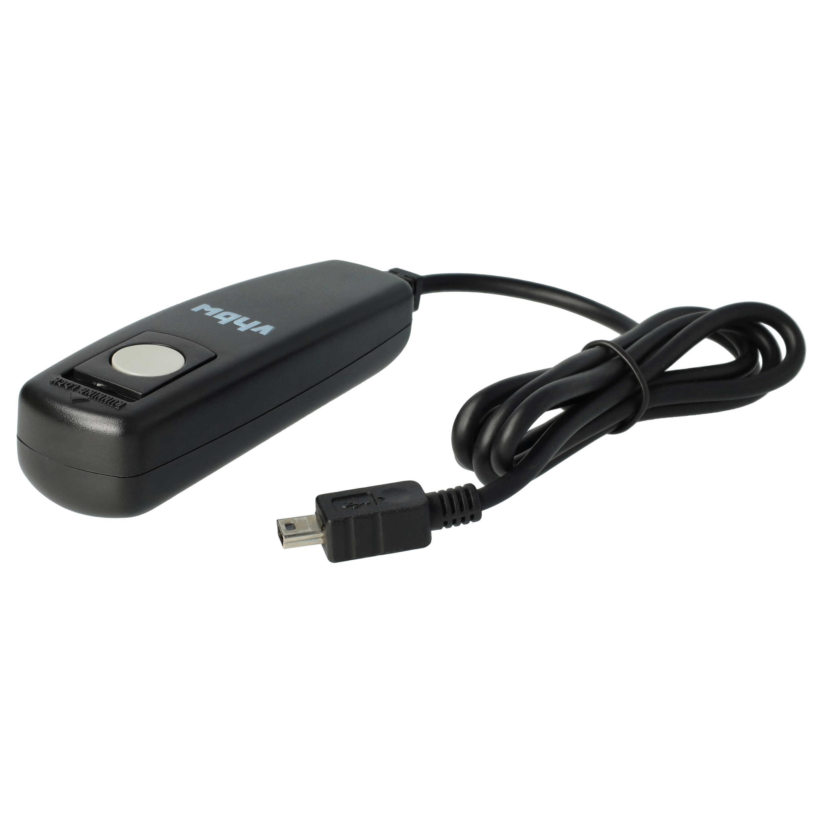Schwarze Kamera-Fernbedienung mit Knopf und Kabel. Sie hat einen Micro-USB-Anschluss. Der Hintergrund ist weiß.