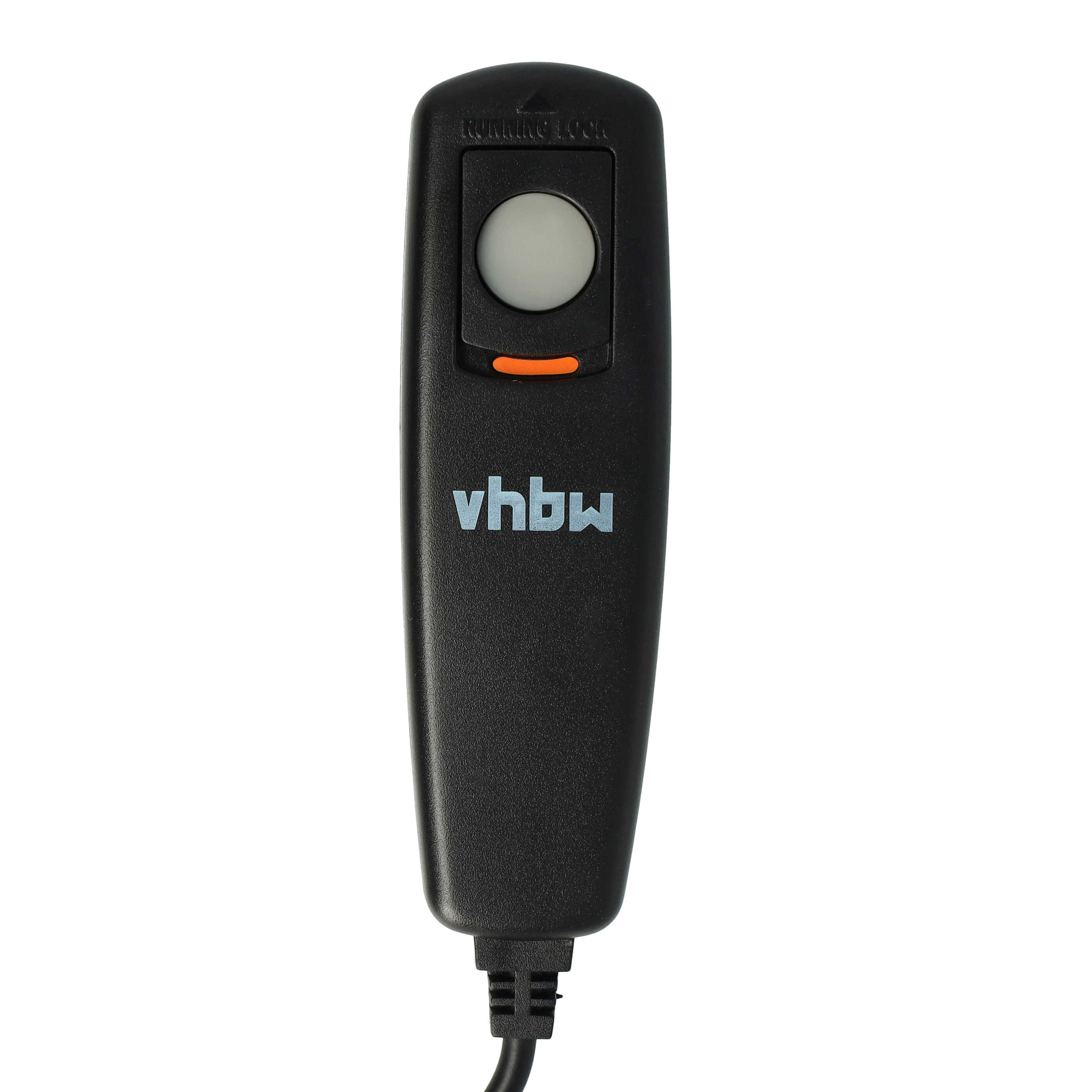 Eine schwarze Fernbedienung mit grauer Taste und orangefarbener Anzeige. Der Markenname 'vhbw' ist sichtbar.